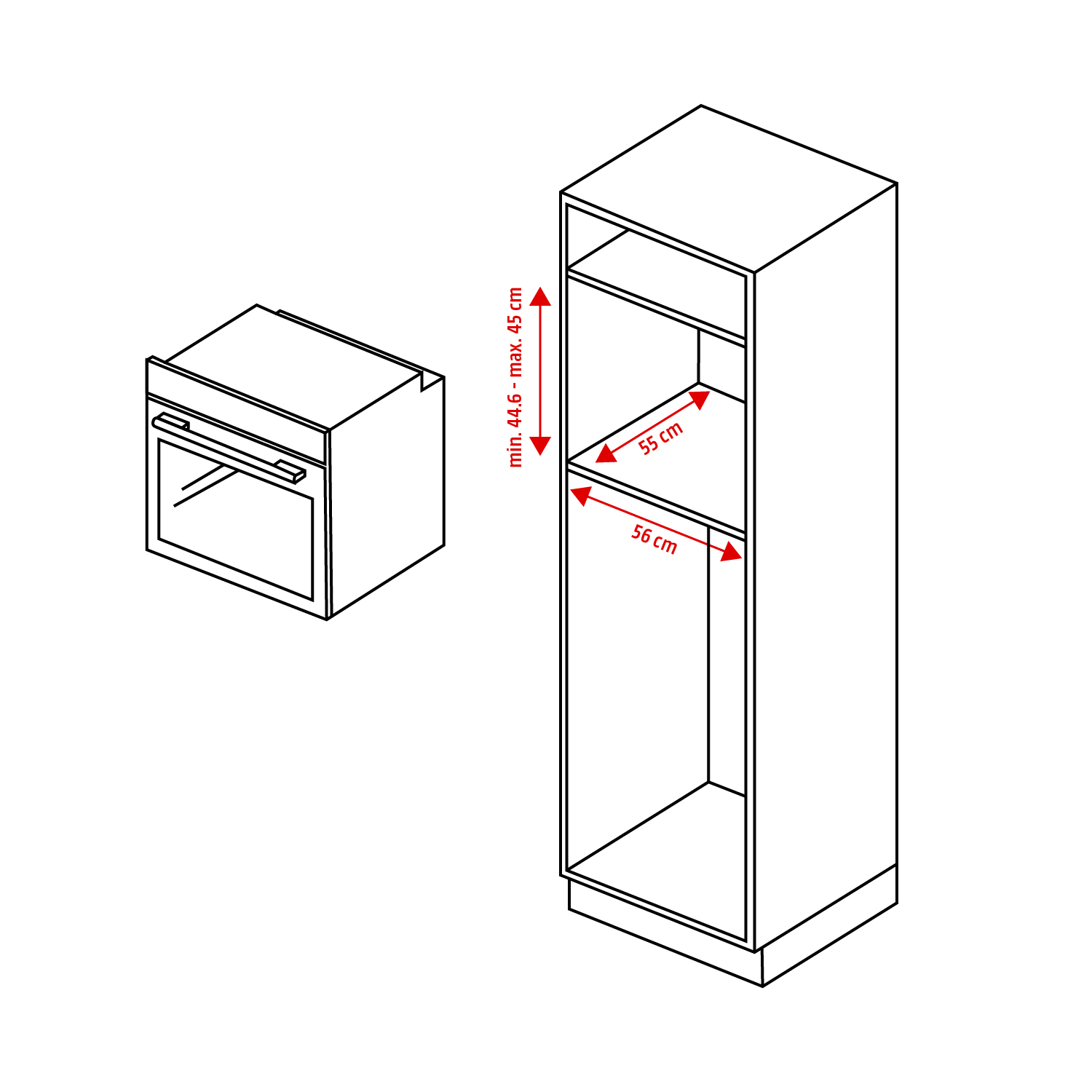 A diagram showing the dimensions of an oven and a cabinet.