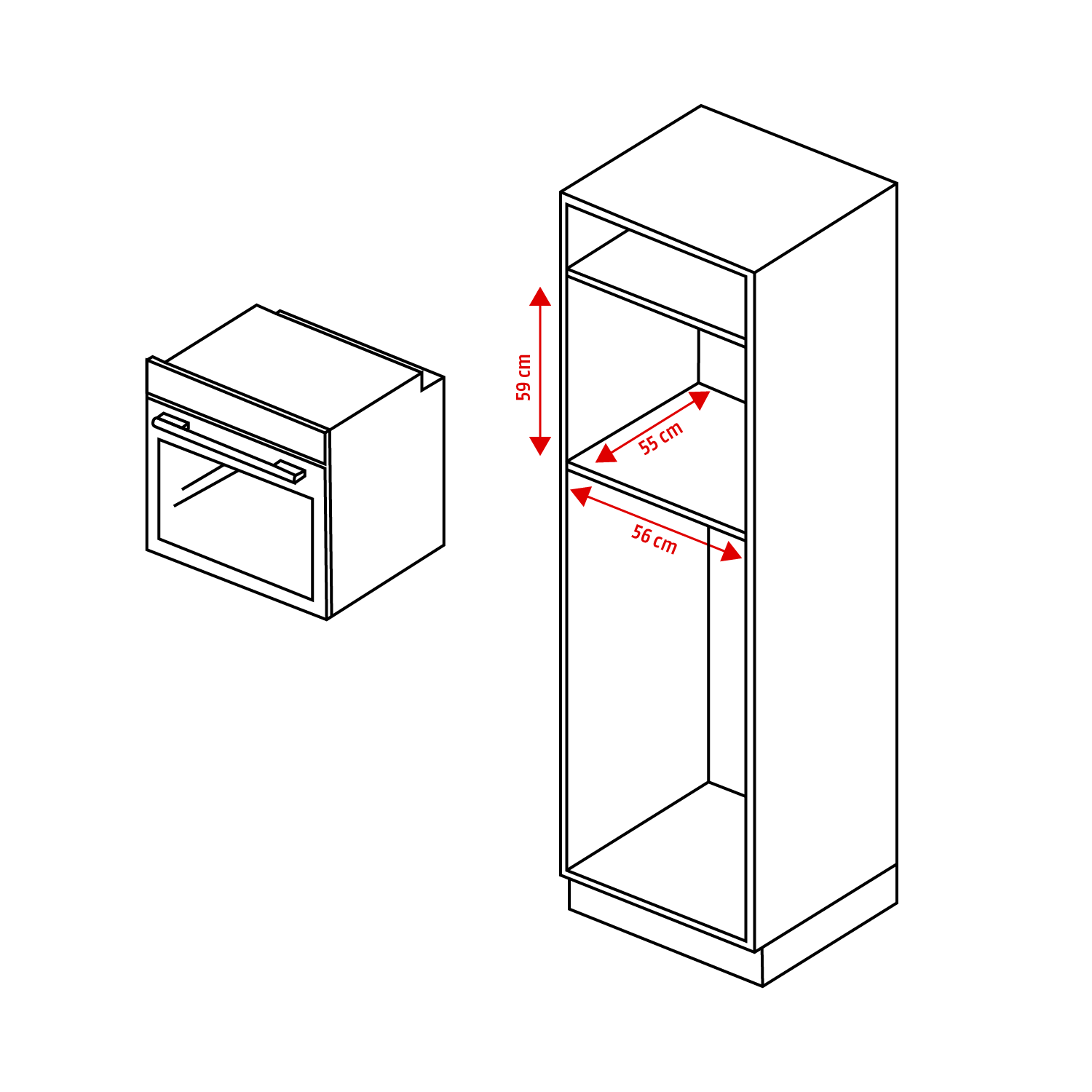 Diagram van een inbouwoven en een kast.