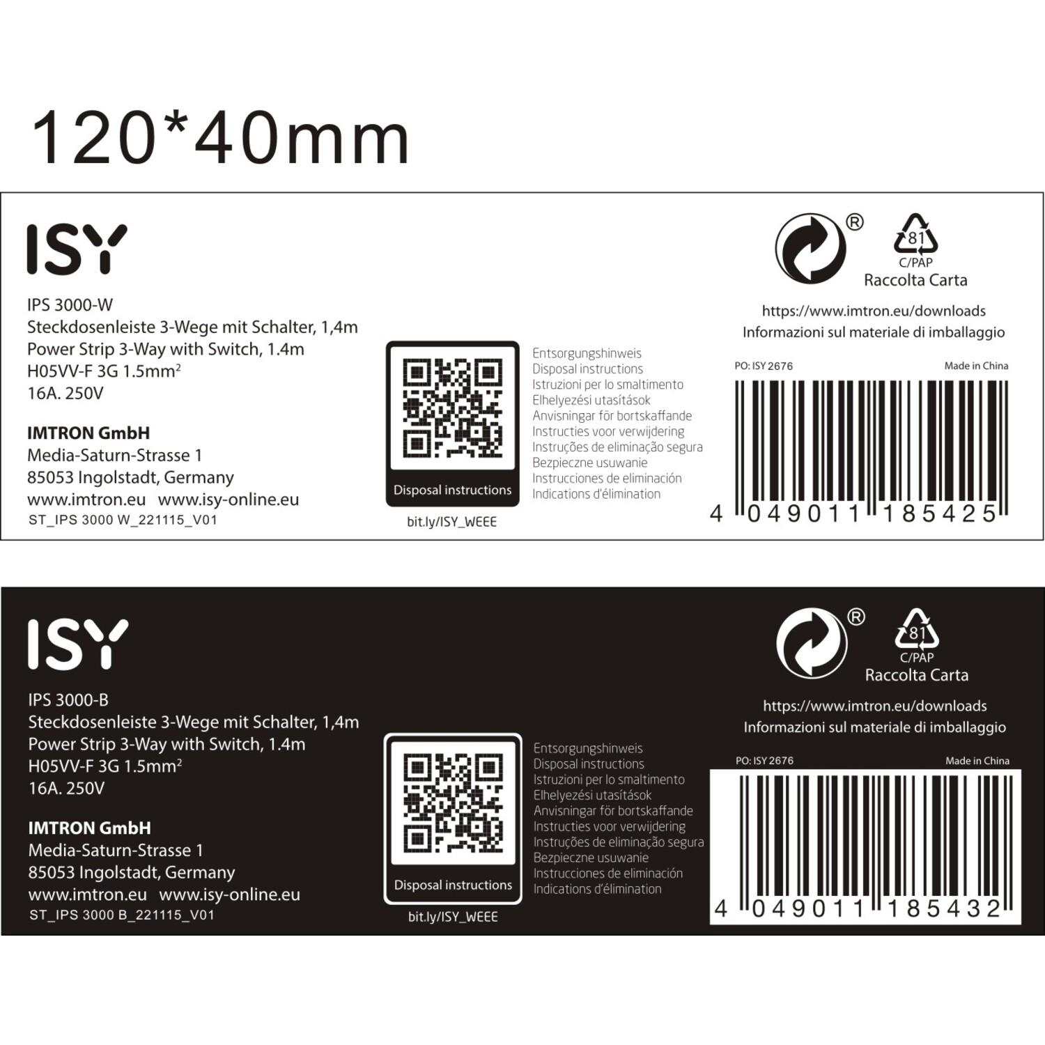 ISY Stekkerdoos 3-poorts 1,4 m Zwart (IPS 3000-B)