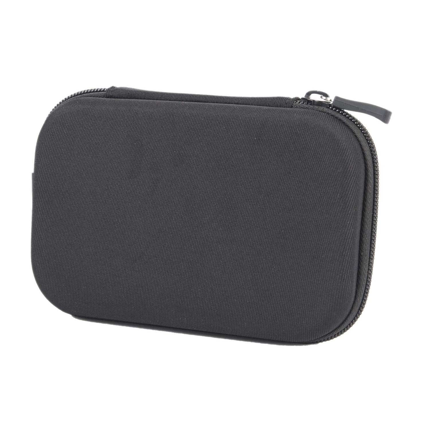 A small, black, zippered case with a gray zipper and a rounded shape.