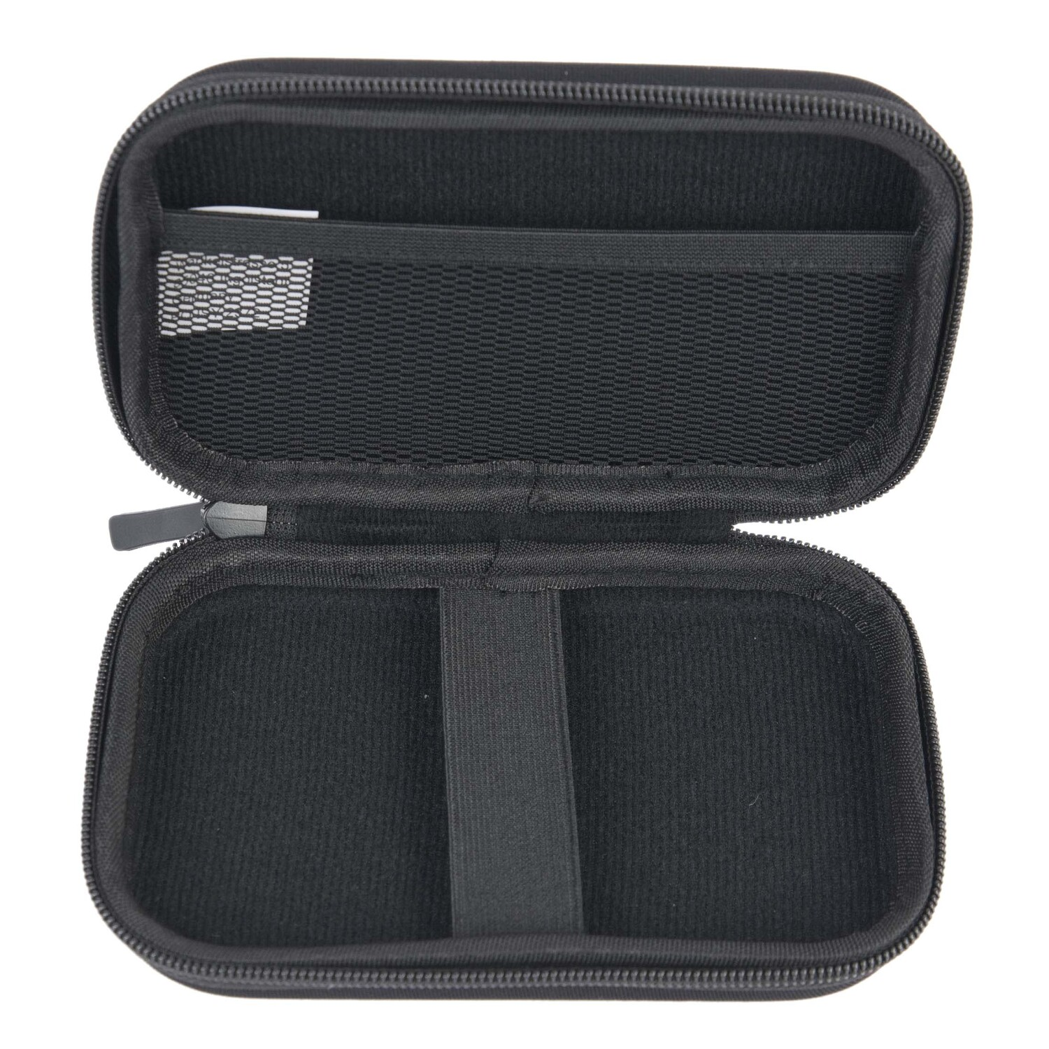 An open black zippered case, with a pocket, a strap, and a compartment visible inside.