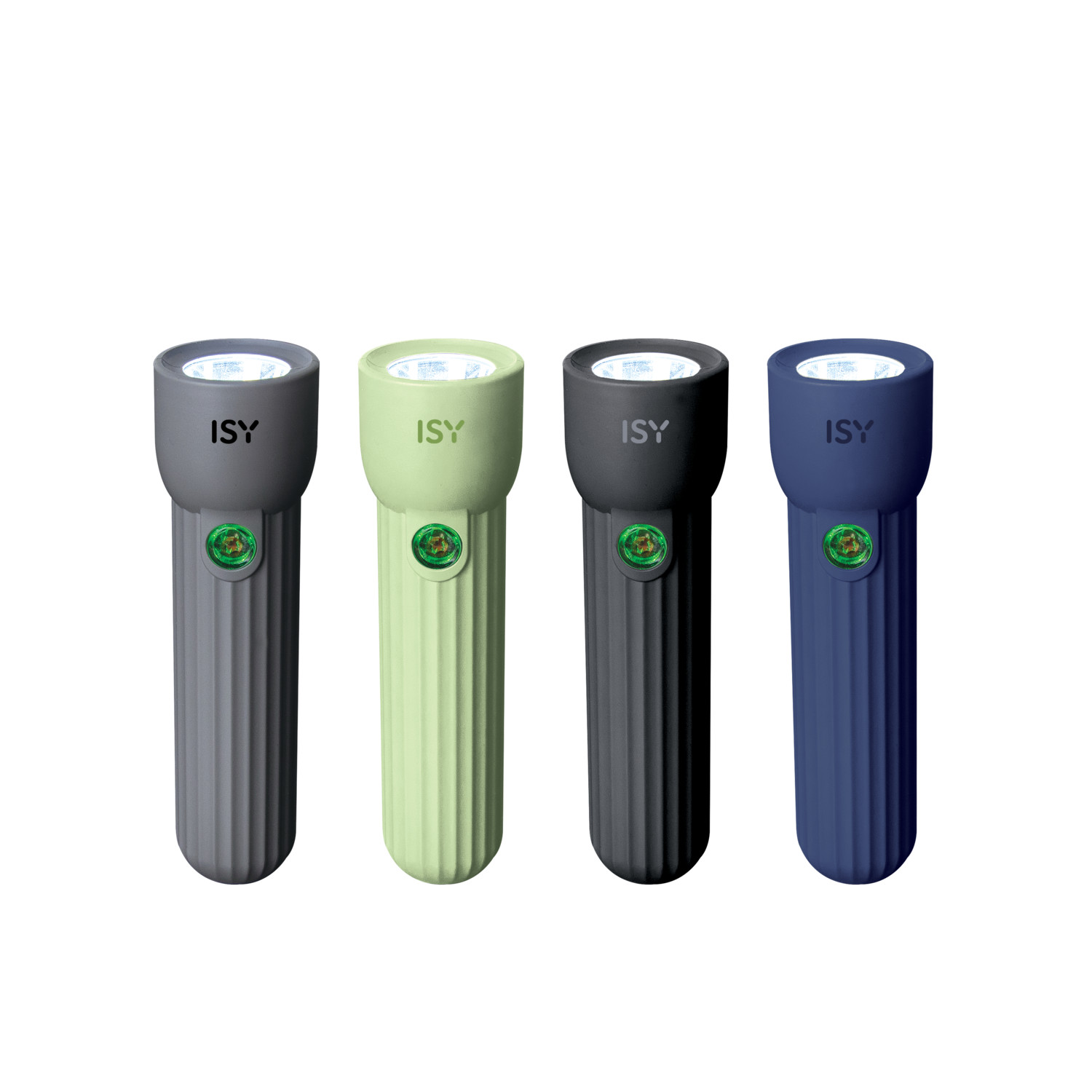 Vier zaklampen in grijs, groen, zwart en blauw. Allemaal hebben ze een knop en het merk 'ISY' is zichtbaar.