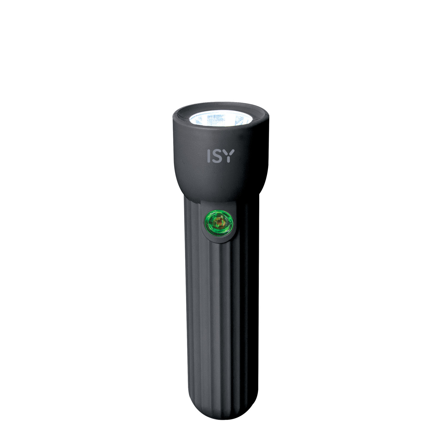 Zwarte ISY-zaklamp met groene knop.