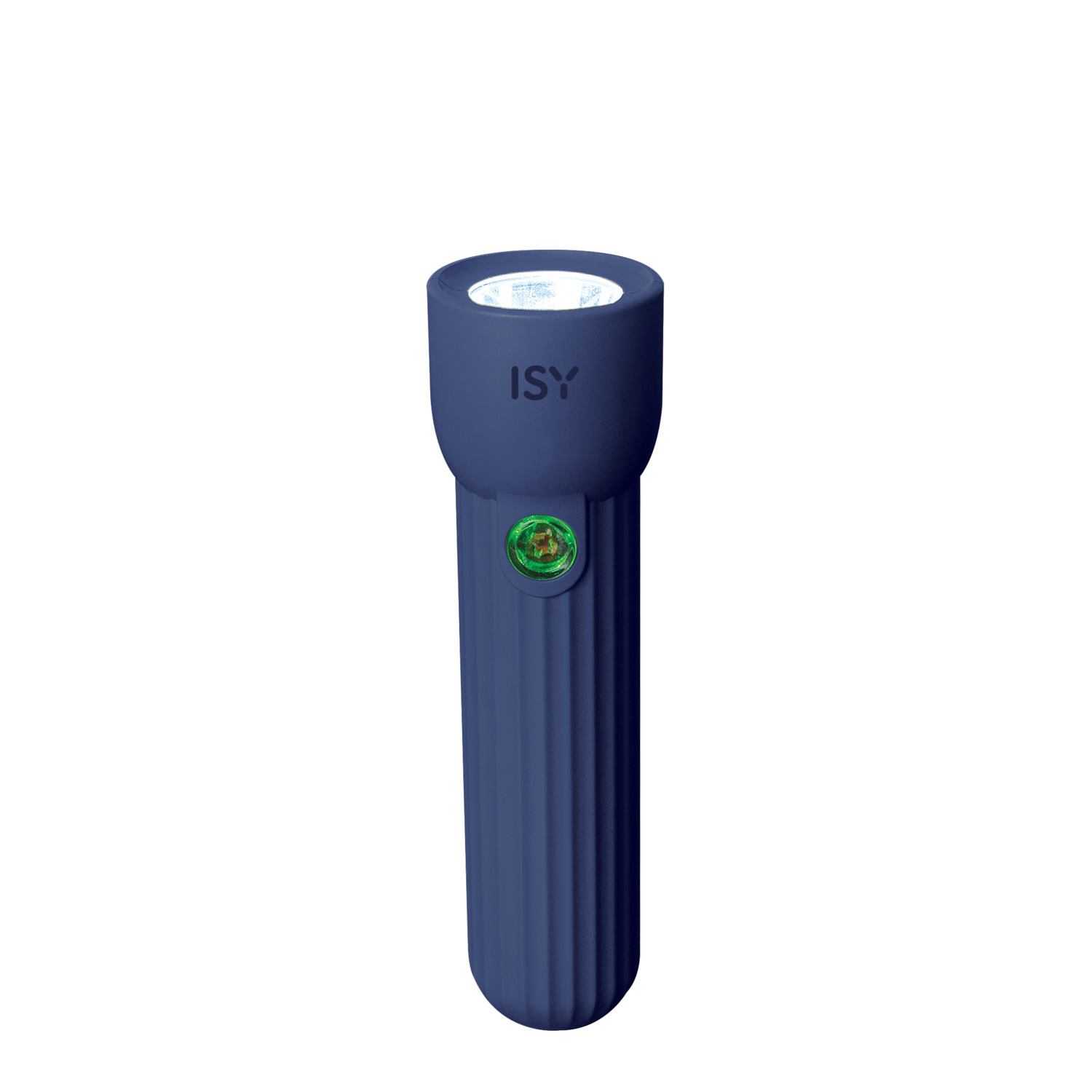 Een marineblauwe ISY-zaklamp met groene knop, bovenop verlicht. Achtergrond is wit.
