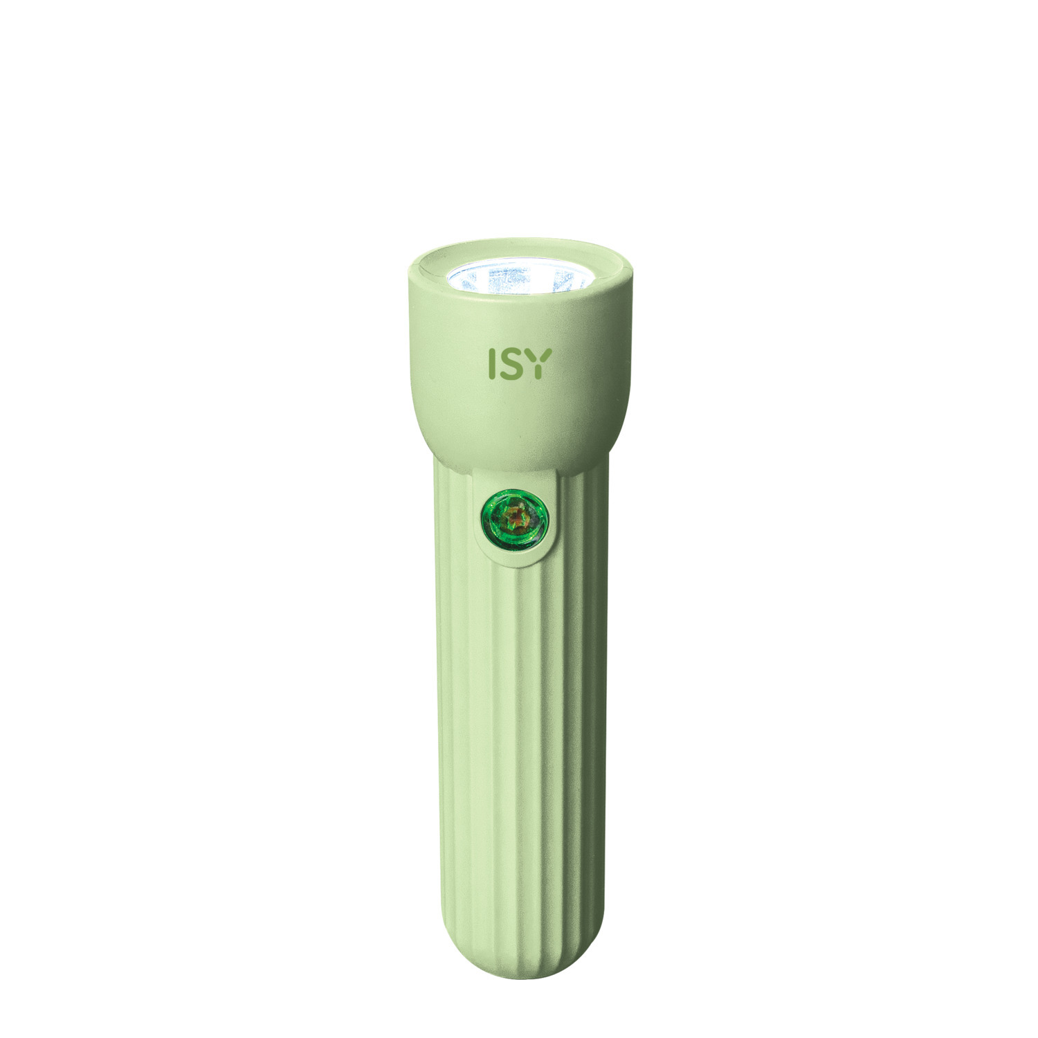 Een groene zaklamp met 'ISY' erop, tegen een witte achtergrond. Hij heeft een licht aan.