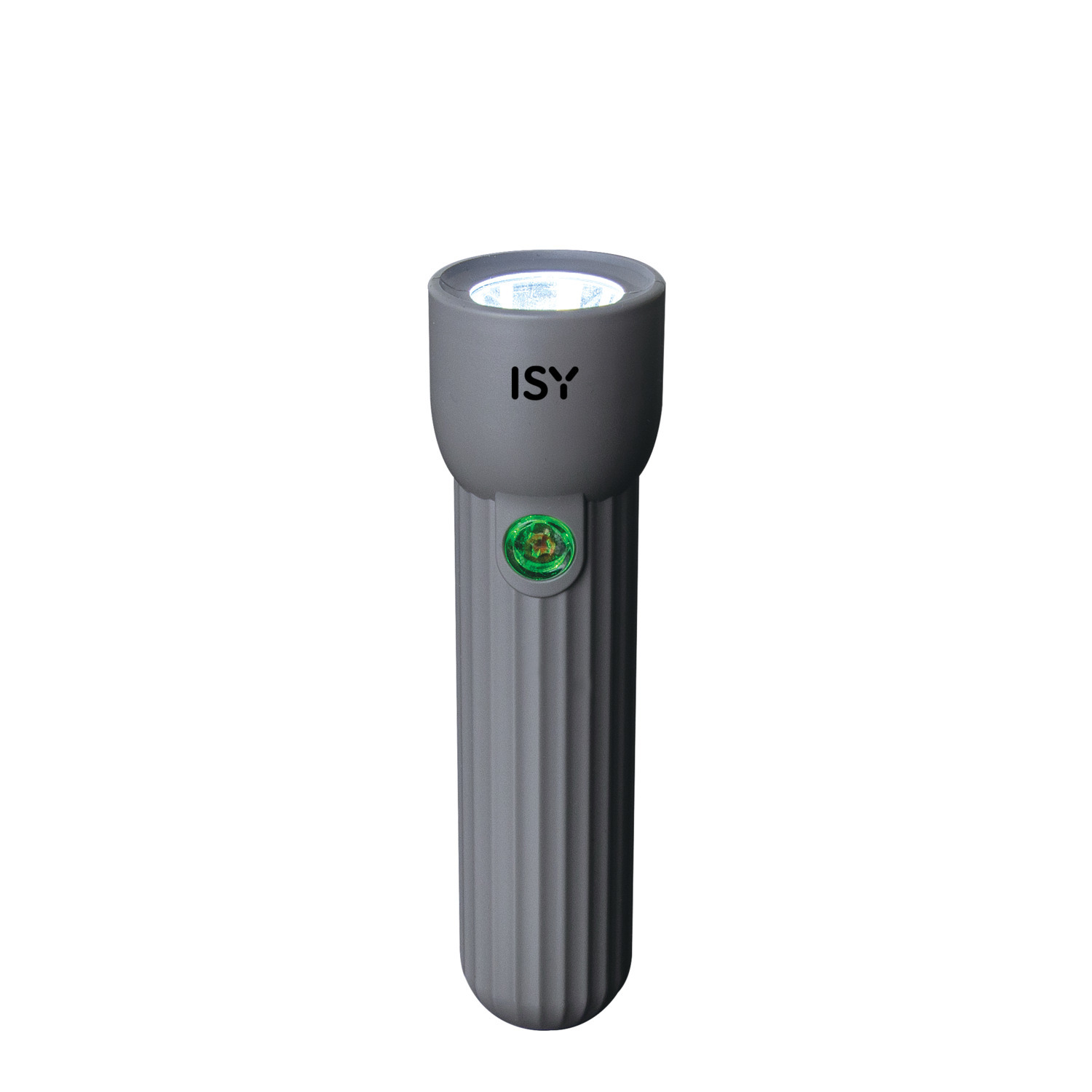 Grijze zaklamp, bovenop verlicht, met 'ISY' en een groene knop.