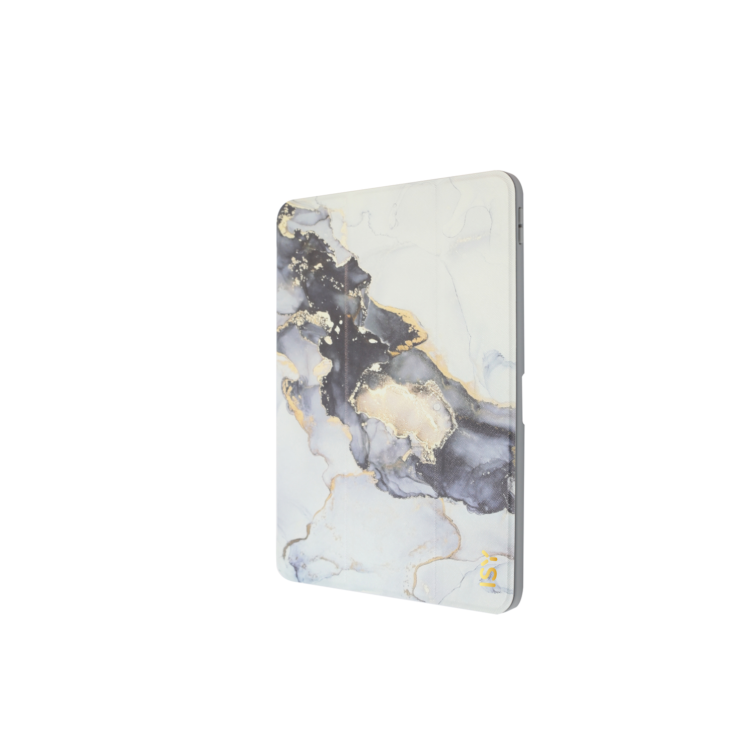 Tablet case with marble design in white, gray, and gold. The case is closed and angled to the right.