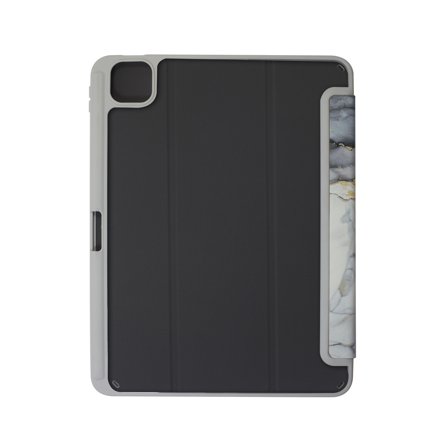 Light gray iPad case with a black cover and a marble pattern.