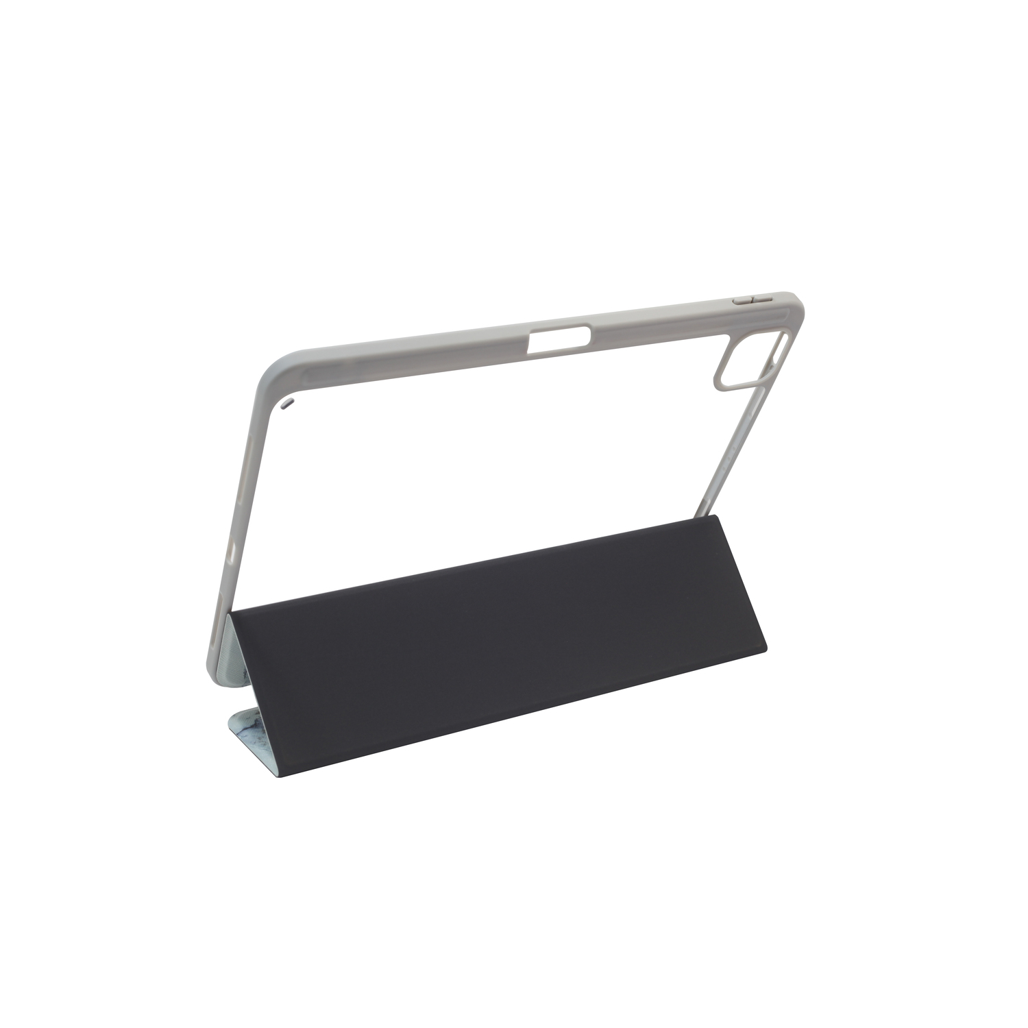 Tablet case, open, with a black cover and a gray frame. The case is in a white background.
