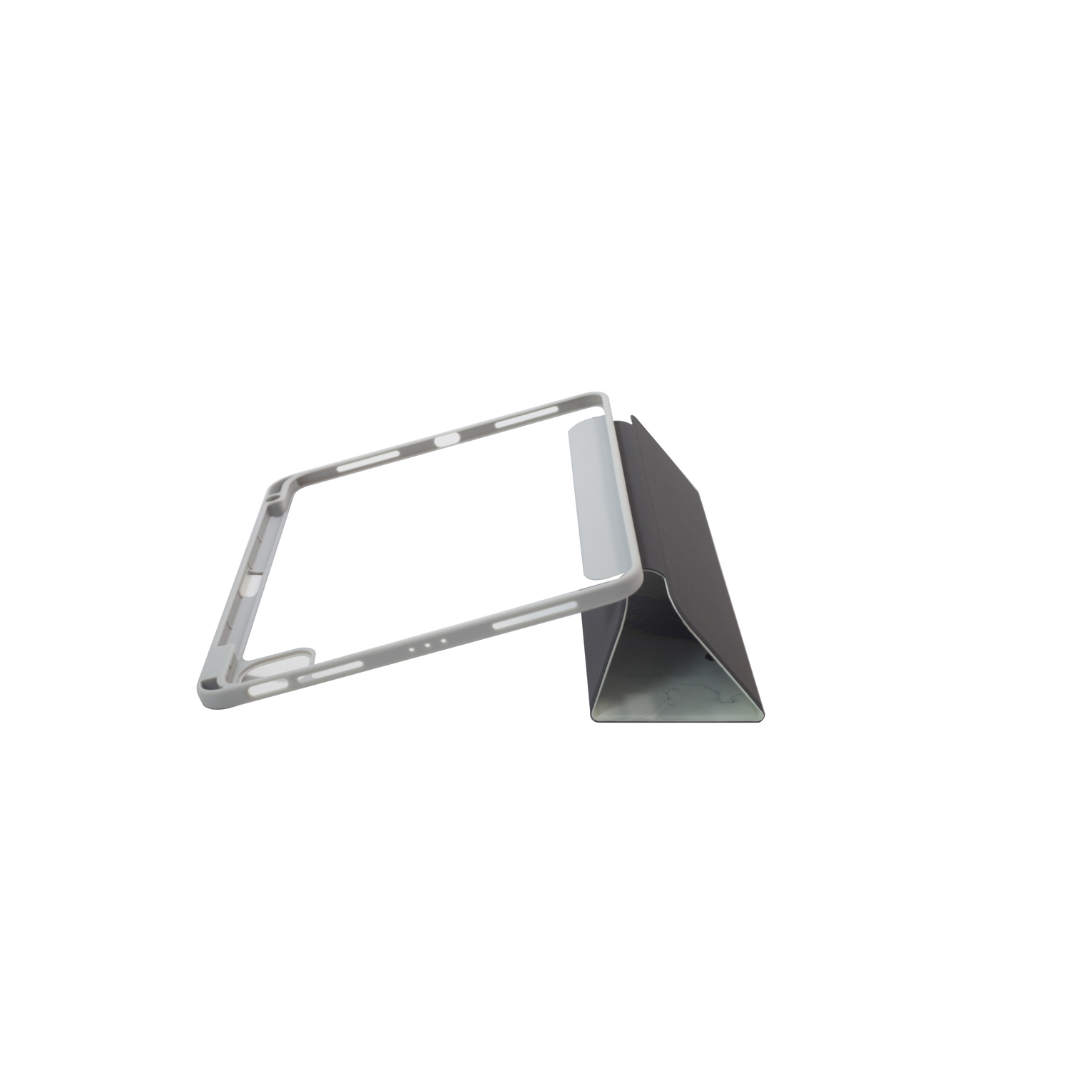 White case and stand for tablet, on a white surface.