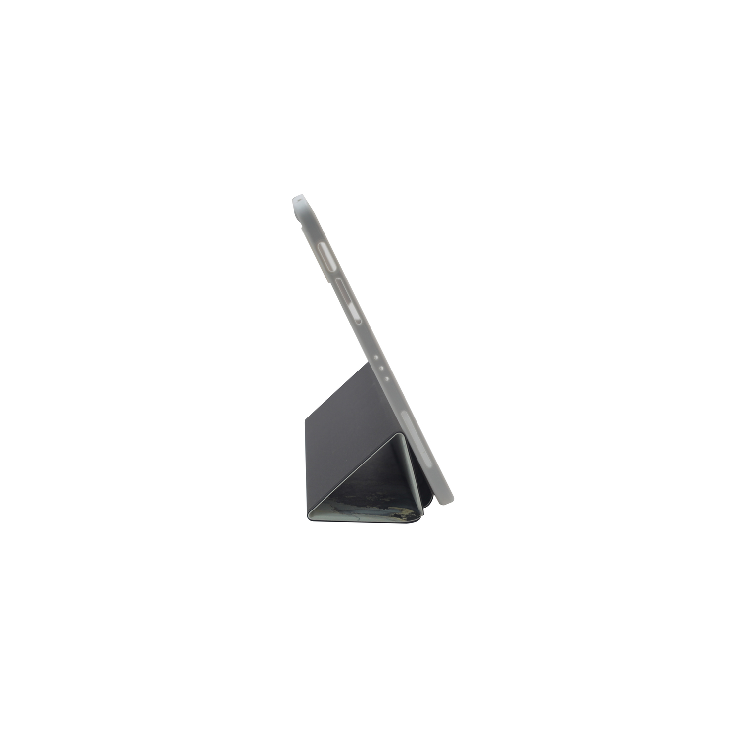 Tablet case, open, with a black cover. The case is angled to the right, on a white background.