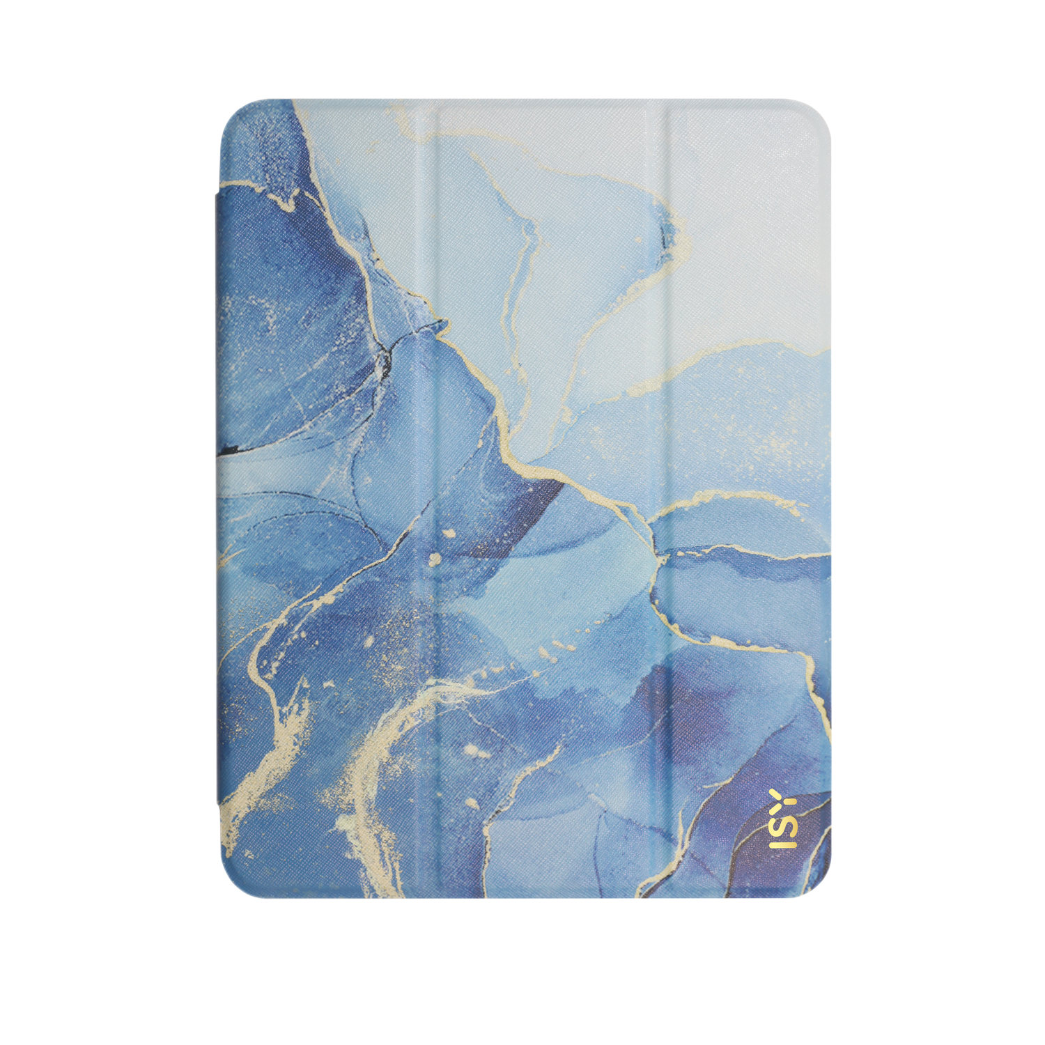 Tablet cover with a blue and gold abstract design.