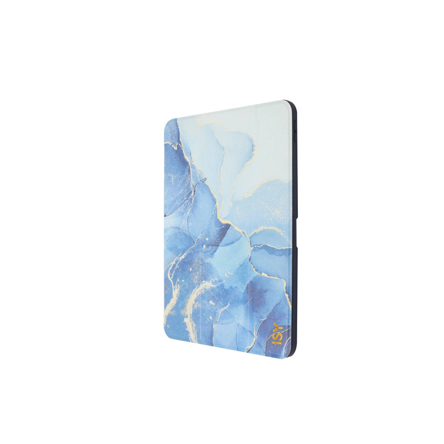 Tablet case with a blue marble design. The case is closed, and angled to the right. White background.