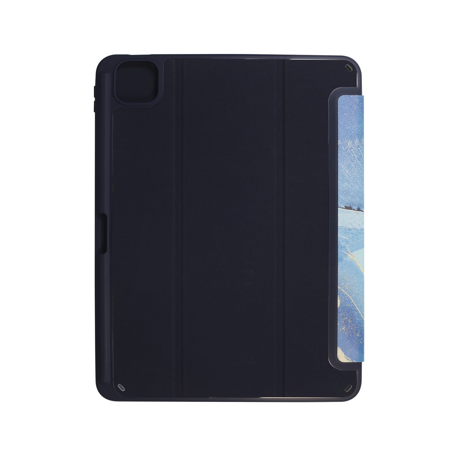 Tablet case with a dark blue cover and a screen, open. White background, top view.
