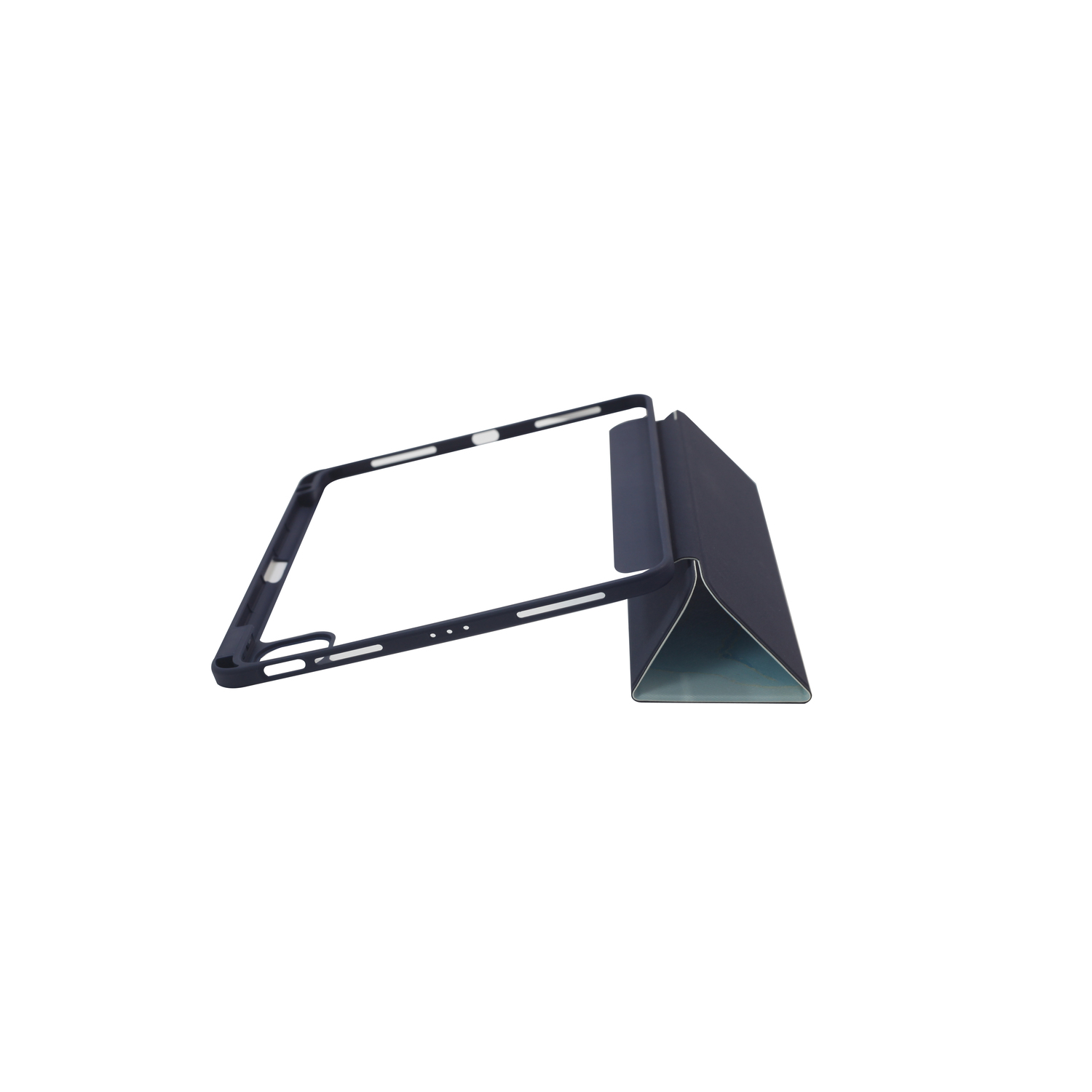 Tablet case frame and cover, open. Black and silver colors. White background.