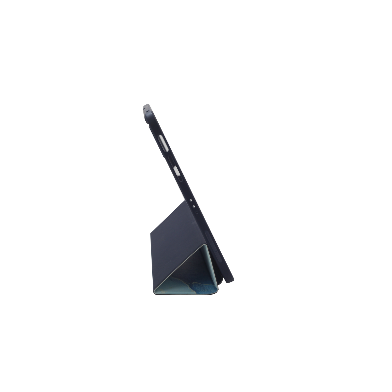 Tablet case, open, with a black cover. Angled to the right, white background.