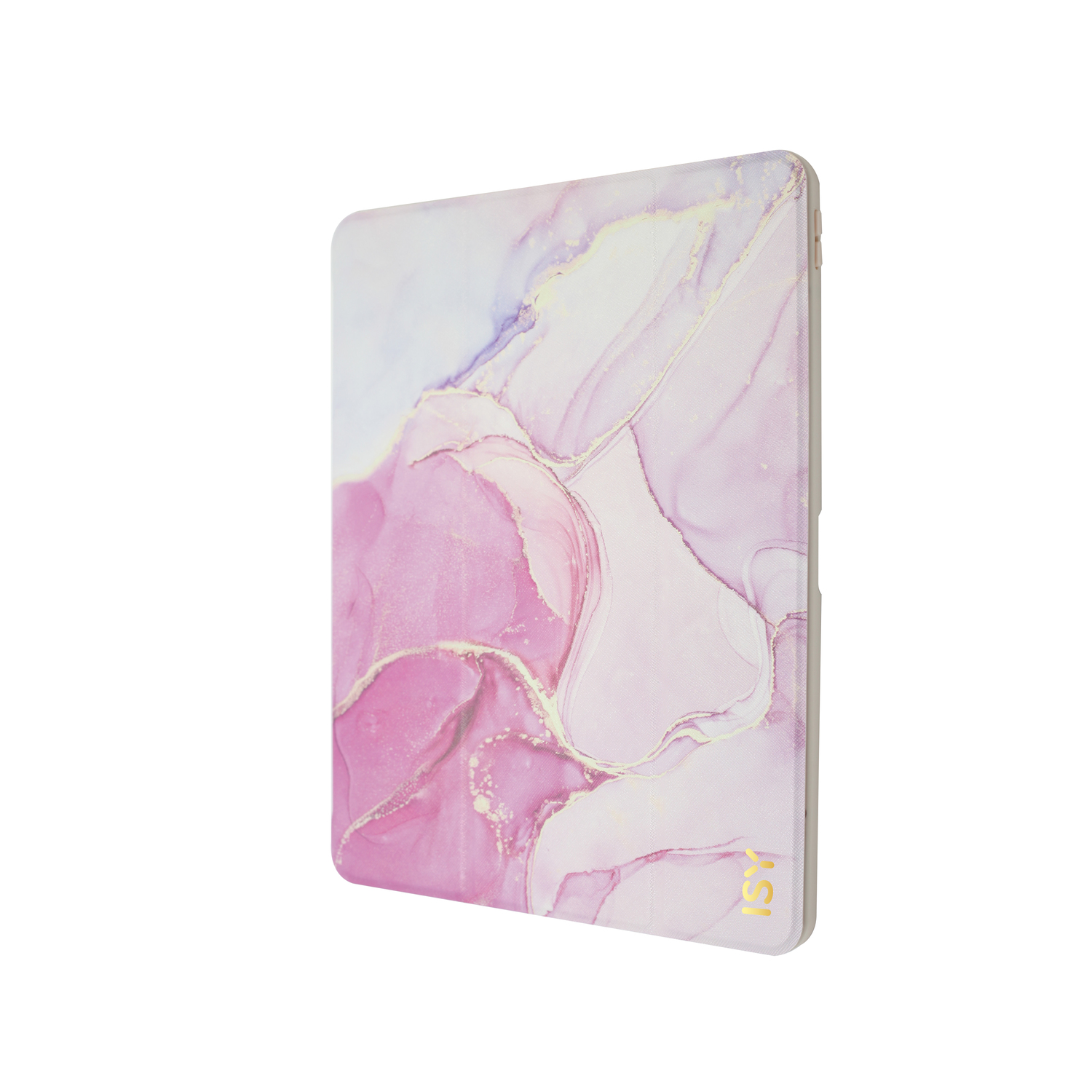 A pink and white marble design tablet case with a gold ISK logo.