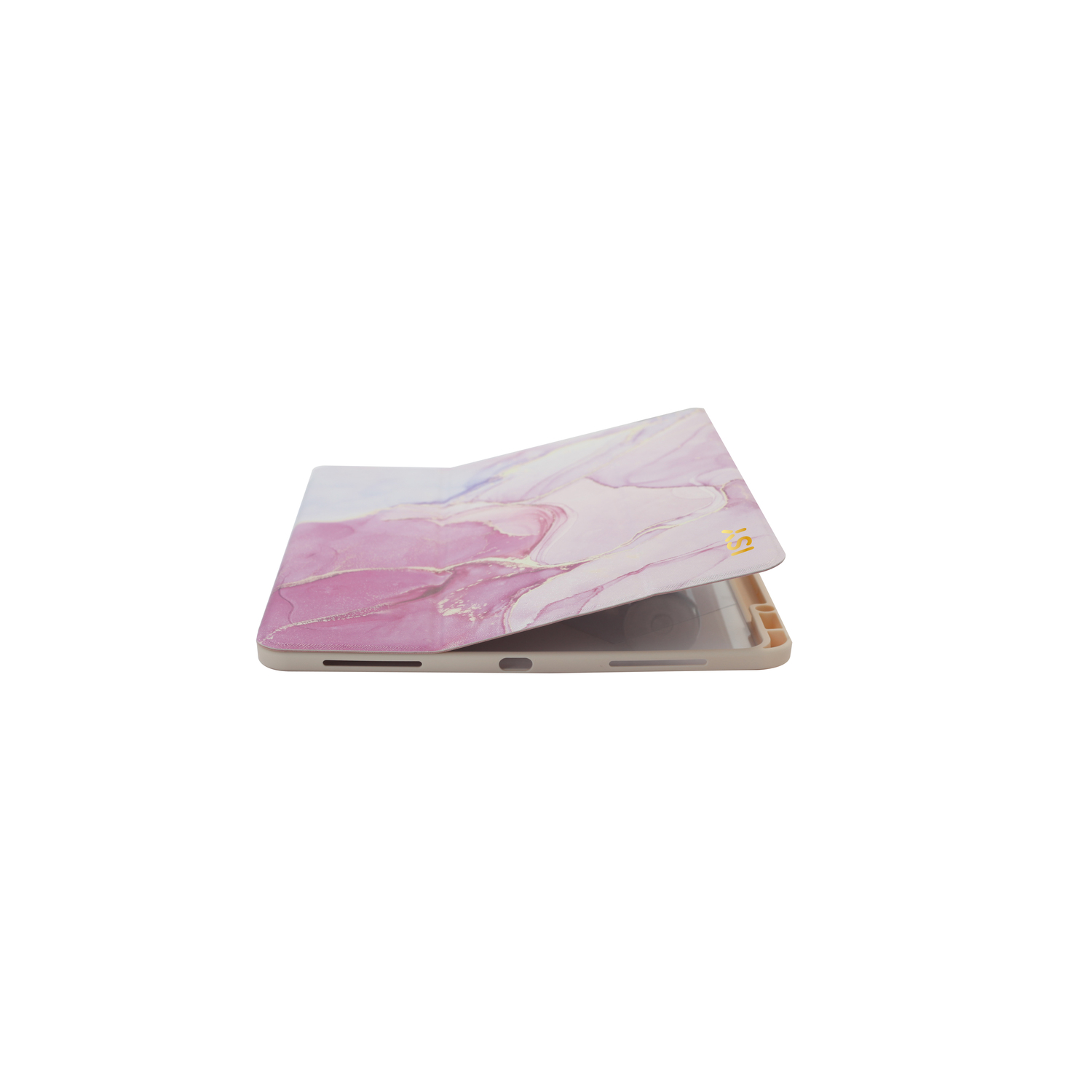 Tablet case open, showing abstract pink and gold design on the cover. White background.
