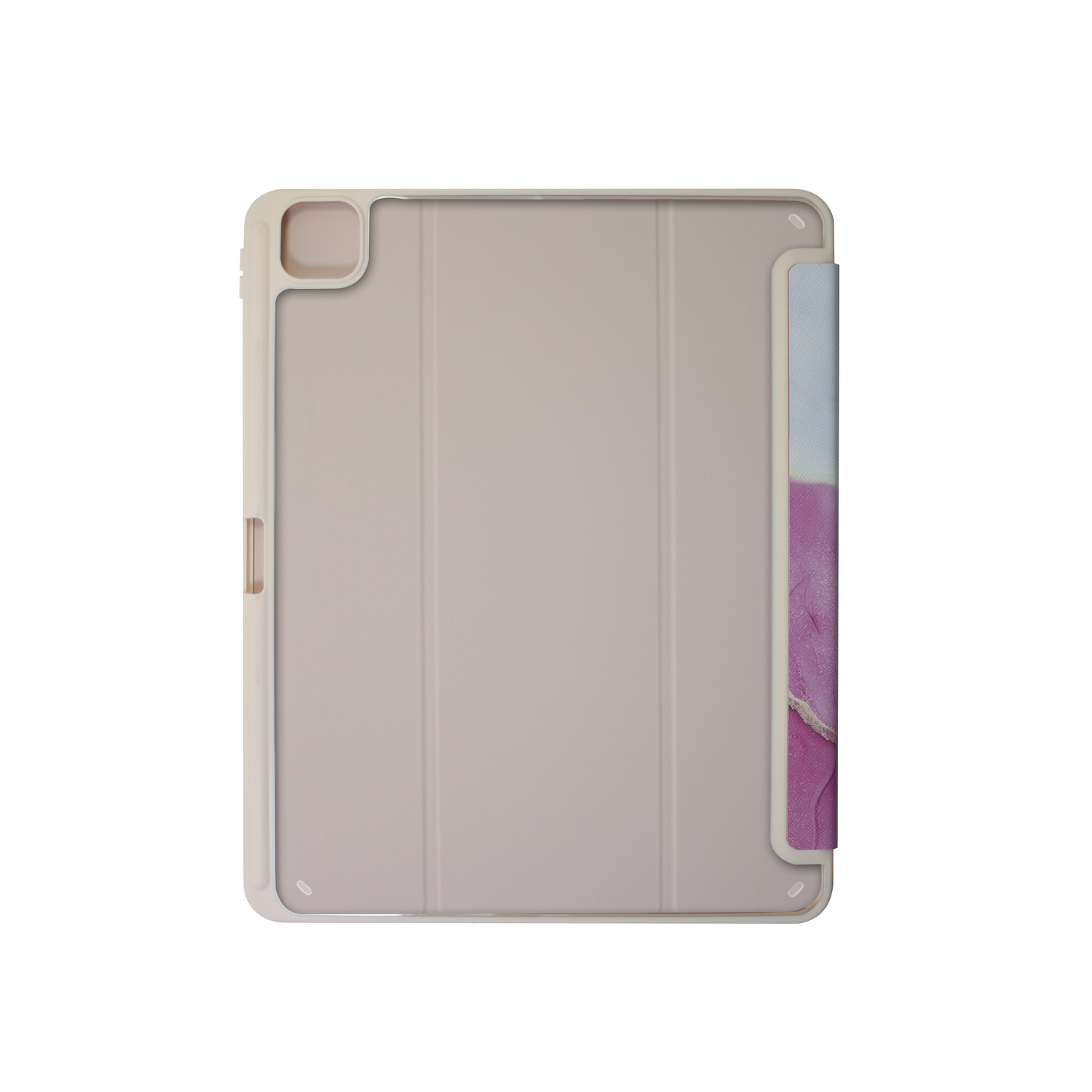 Tablet case, closed, with a beige cover and a design on the side. White background.