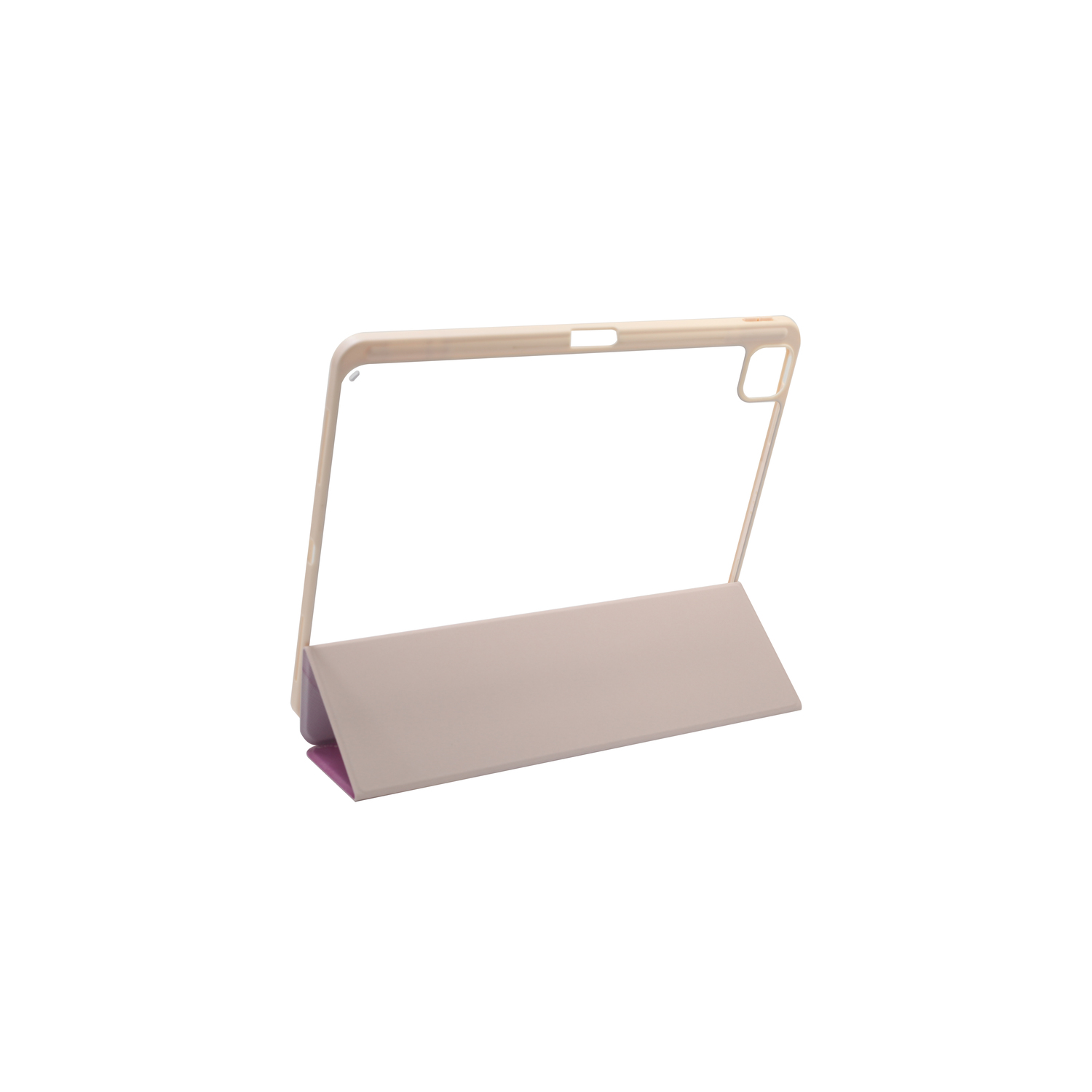 Tablet case, open, with beige cover and a pink design. White background.