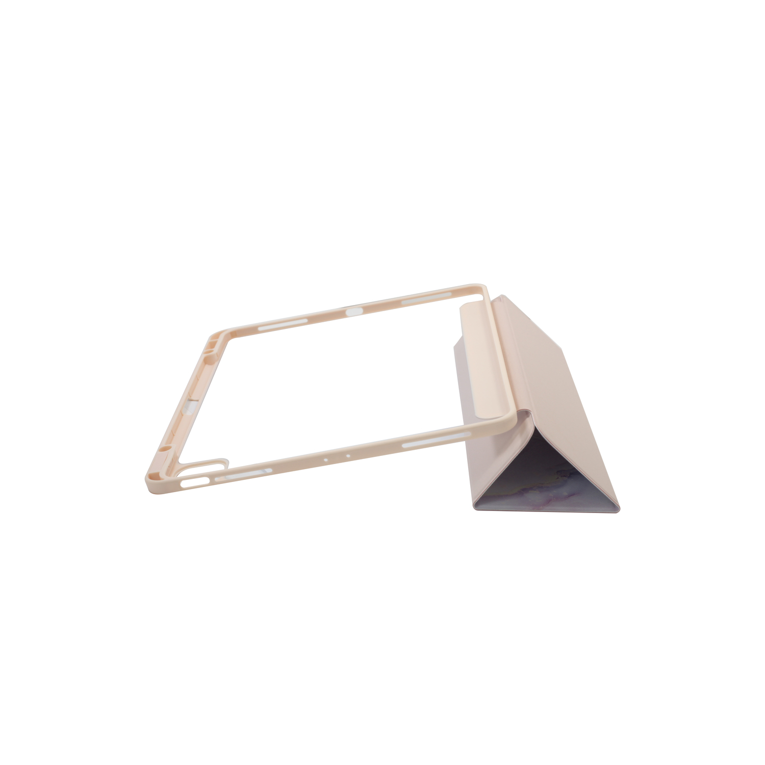 Beige case and stand for tablet, on a white surface.