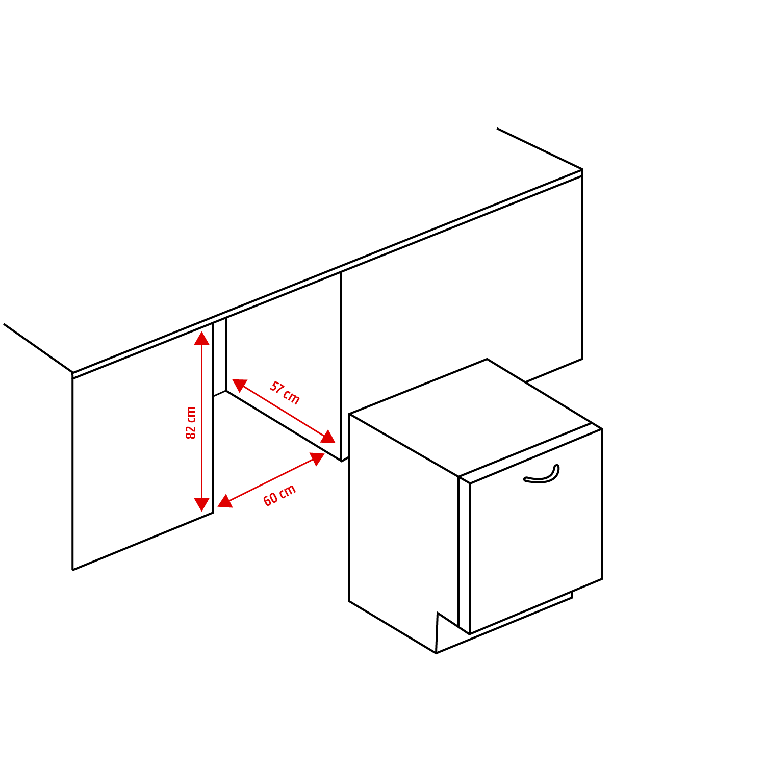 An isometric view of a kitchen cabinet with dimensions and a dishwasher.
