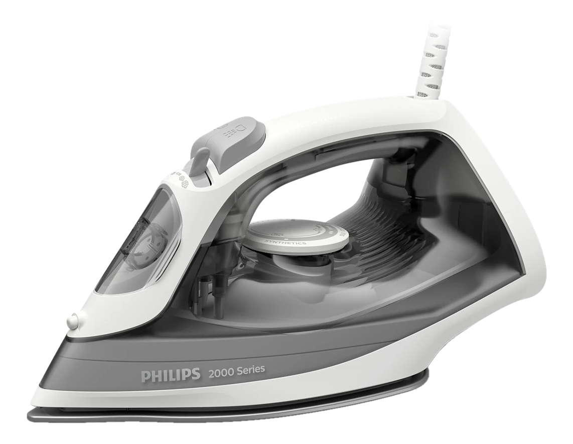 Ferro da stiro Philips bianco e grigio, vista angolata.