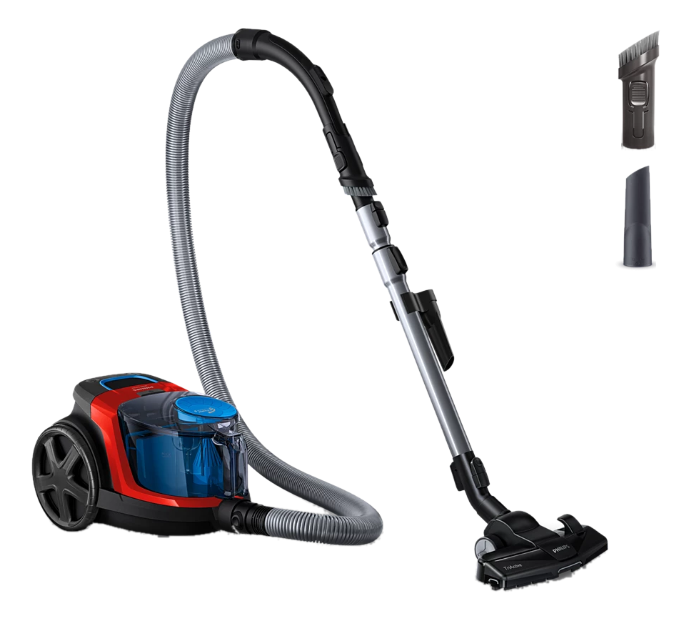 Aspirateur rouge et noir avec un tuyau, des accessoires et une poignée.