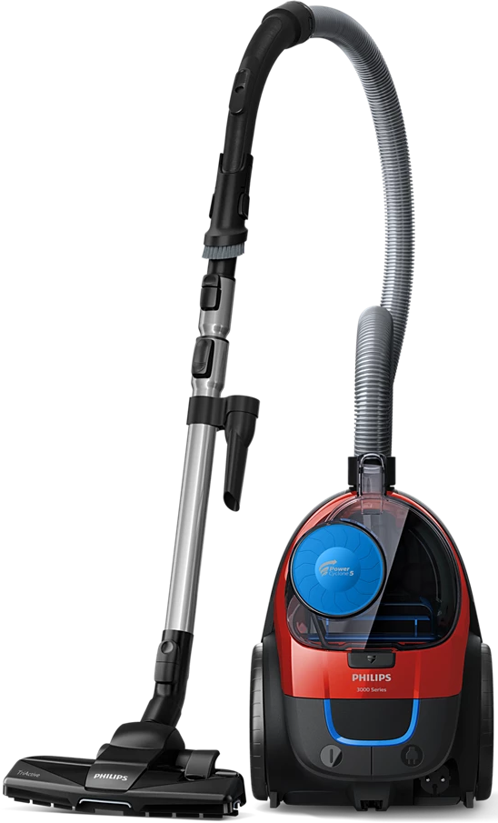 Aspirateur rouge et noir. Tuyau et tête de nettoyage. Étiquette série 3000.