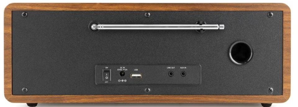 Retro di una radio in legno marrone con antenna, porte e interruttore.