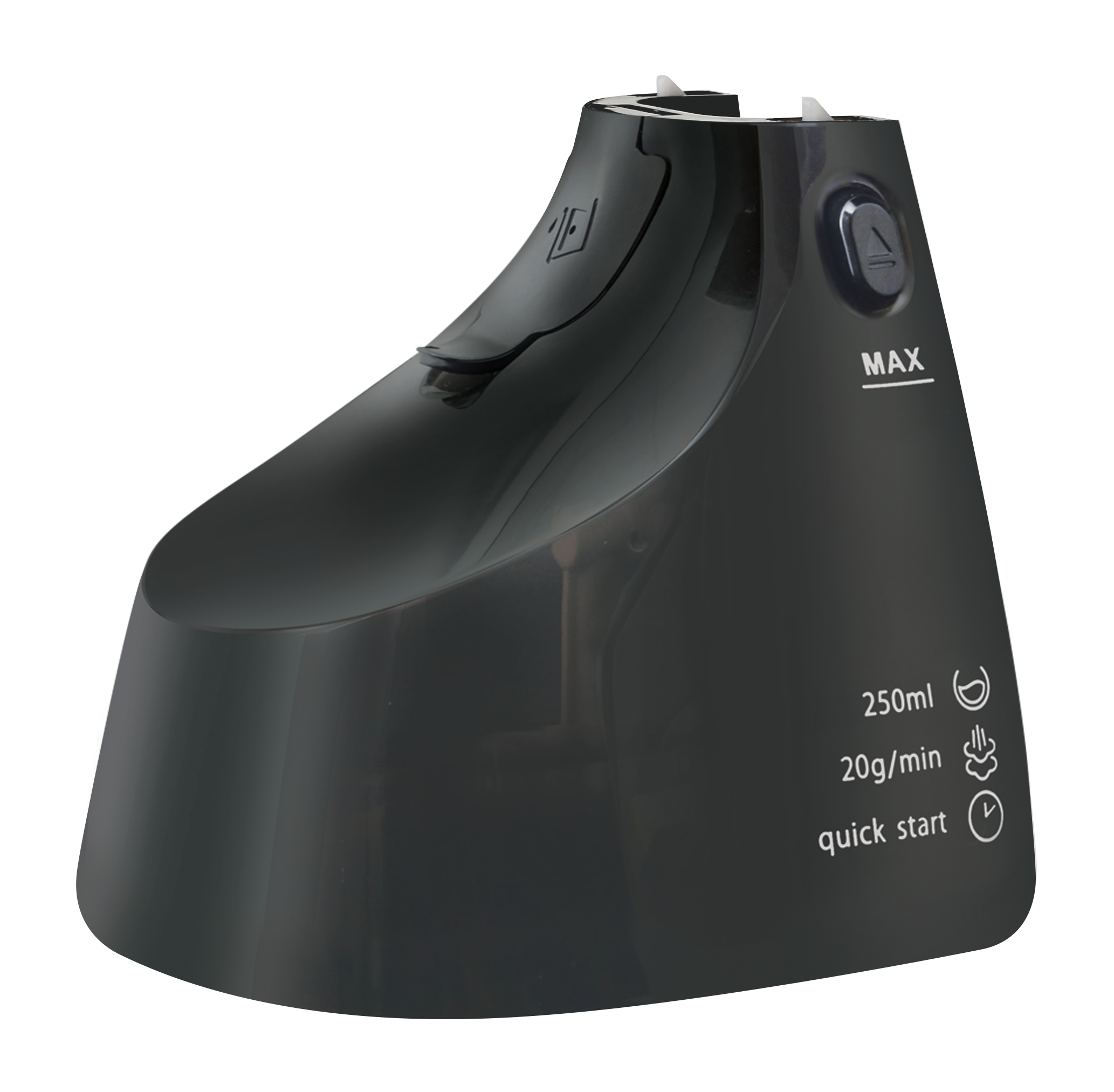 Un depósito de agua de plancha de vapor negro. El depósito tiene etiquetas MAX y de inicio rápido.