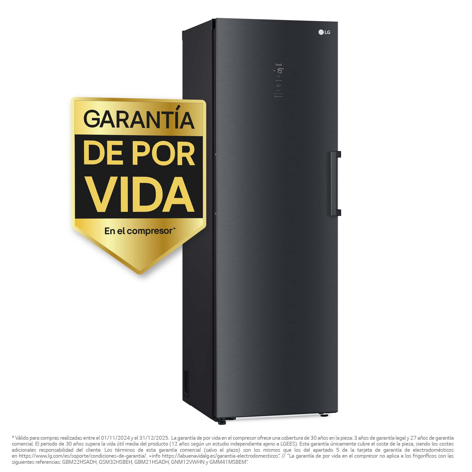 Refrigerador LG negro con pegatina dorada de garantía, mostrando un diseño moderno.