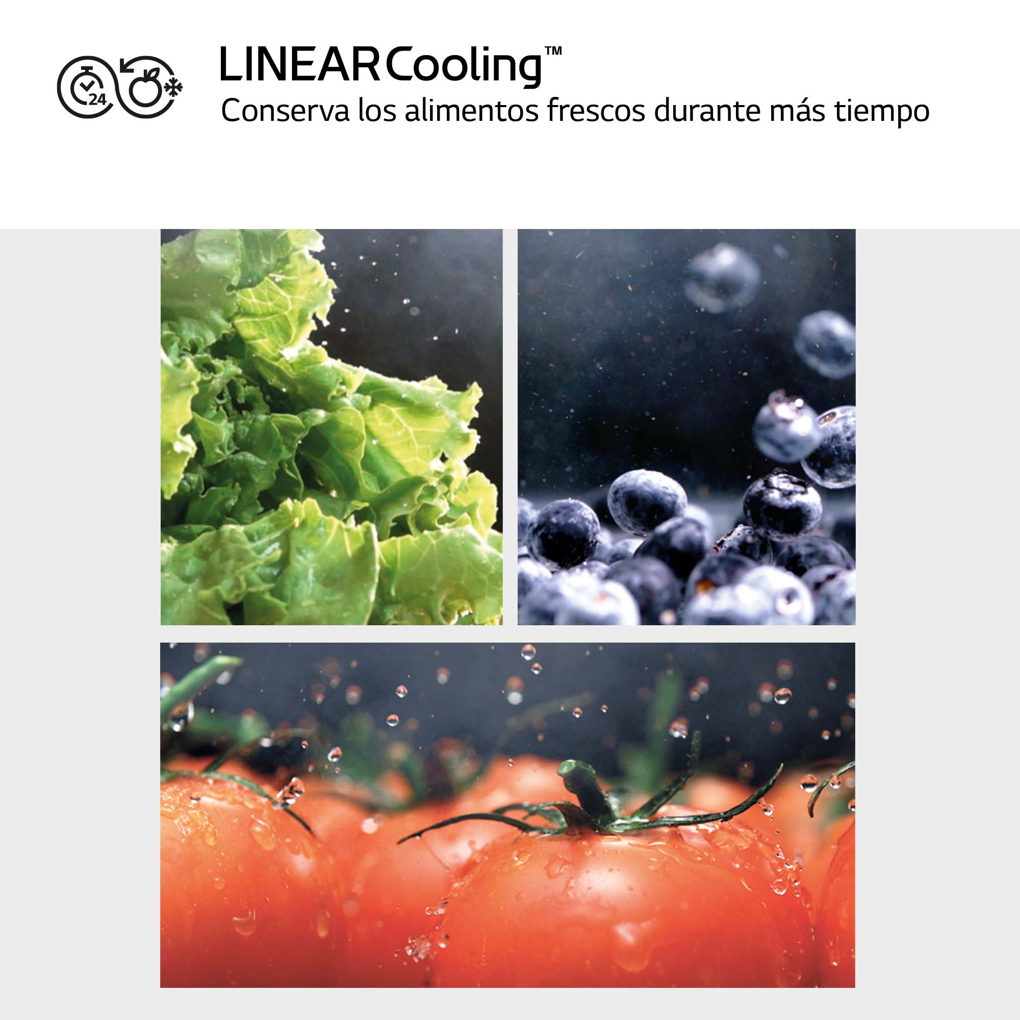 Tres imágenes, lechuga, arándanos y tomates, con gotas de agua.