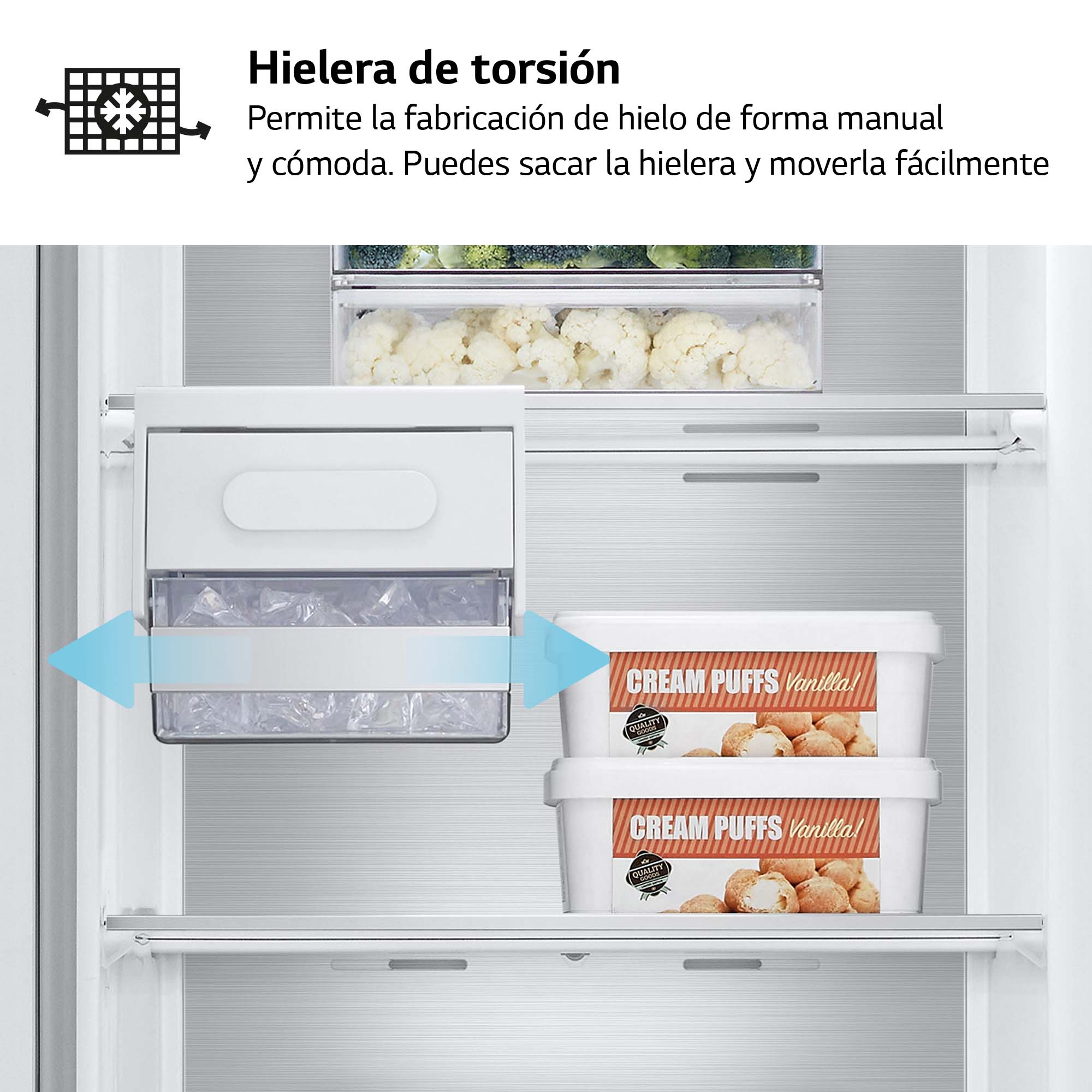 Frigorífico con cajones para hielo y profiteroles, abierto hacia el interior.