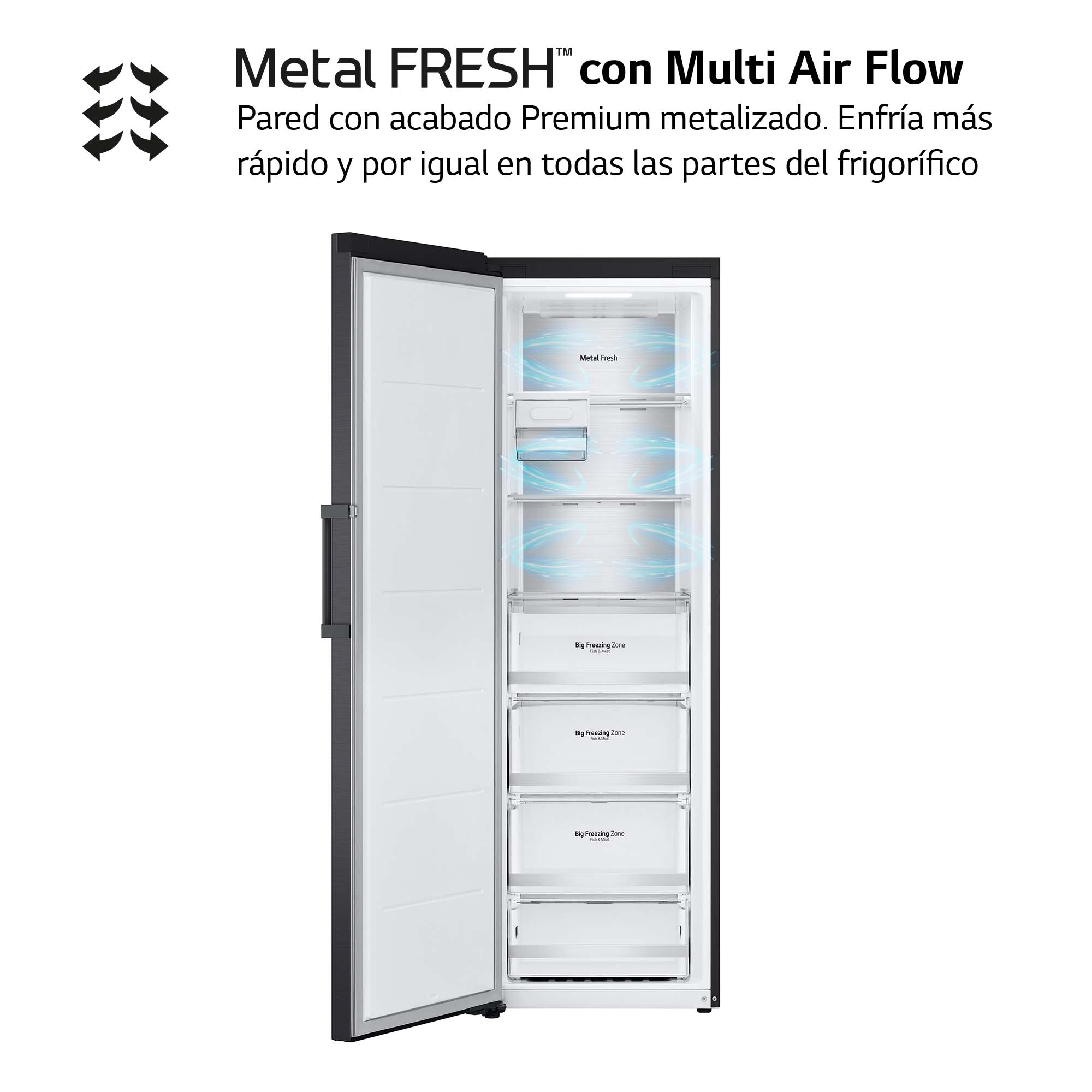 Refrigerador abierto que muestra el interior con estantes, cajones y diseño de flujo de aire azul.