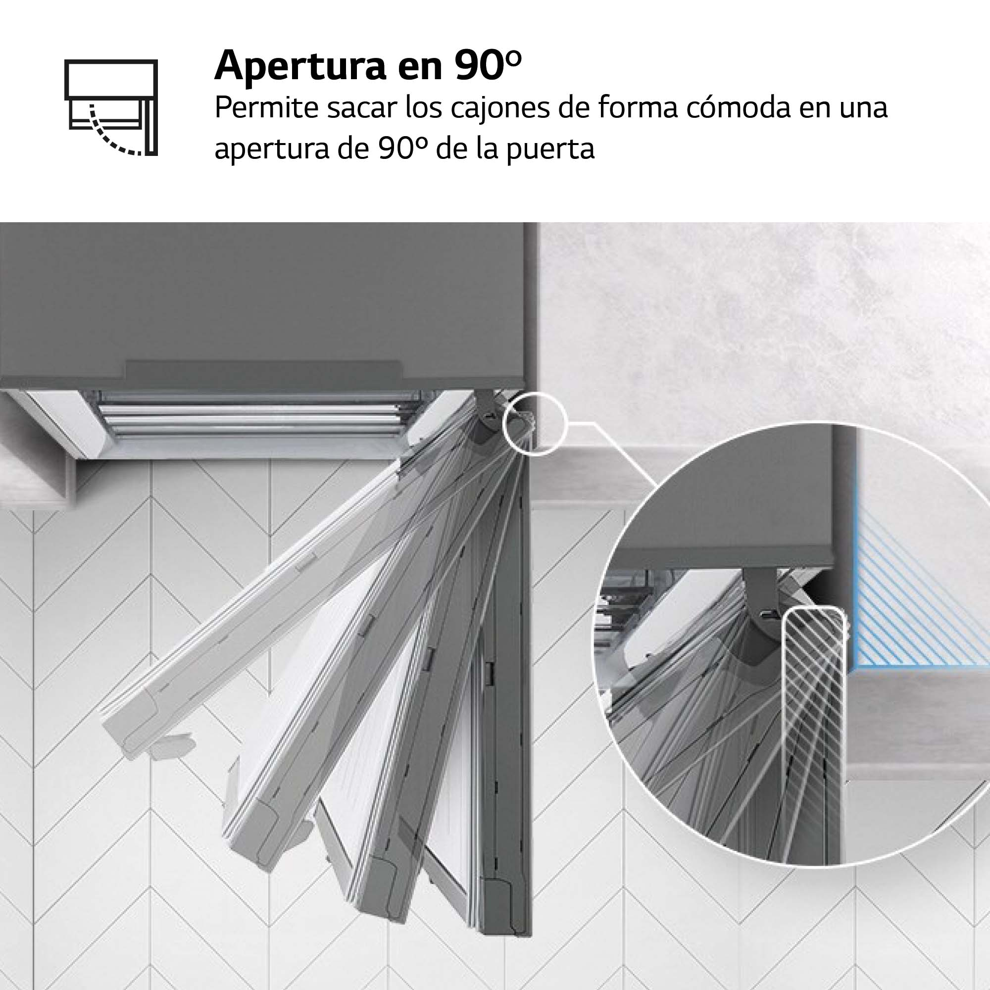 Puerta del frigorífico que se abre 90 grados para acceder al cajón, diagrama.