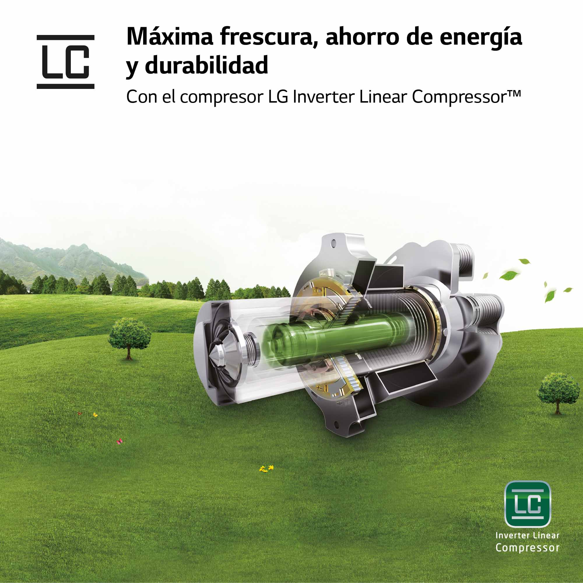 Diagrama de un compresor LG con hierba verde y pequeños árboles en un campo.