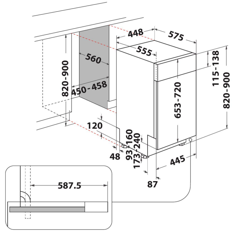 Mosogatógép méreteit ábrázoló diagram. Fekete-fehér vonalak. Méretek mm-ben.