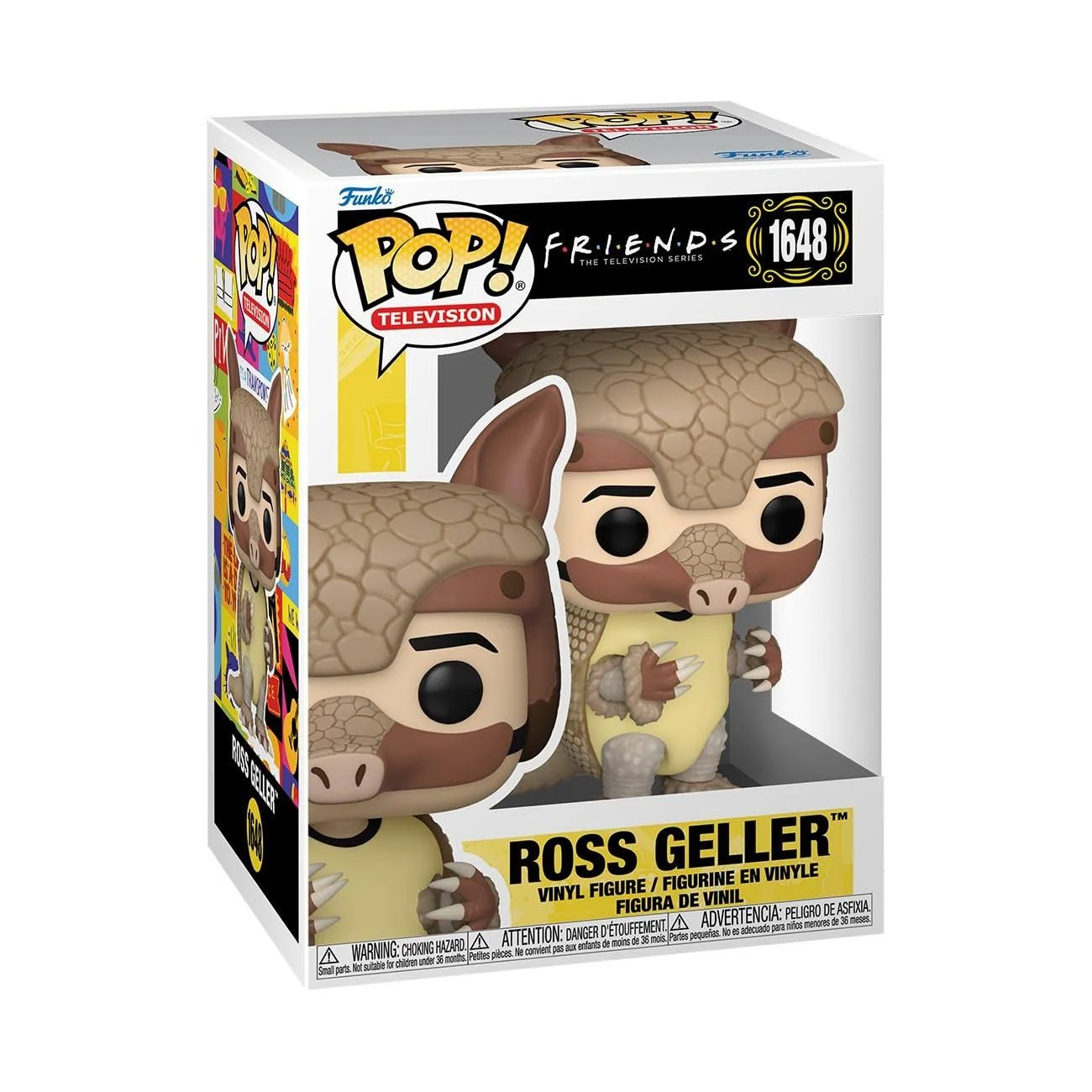 Figura Funko Pop de Ross Geller en una caja. Ross está vestido de armadillo. Fondo blanco.