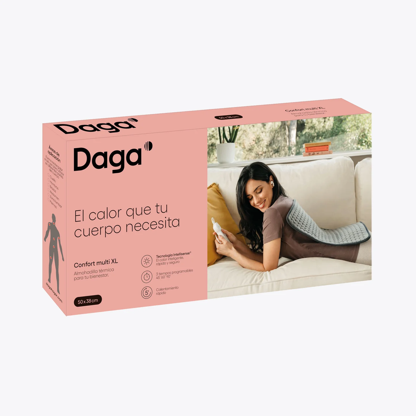 Caja con una almohadilla térmica dentro. Una mujer está usando la almohadilla térmica. Fondo blanco.