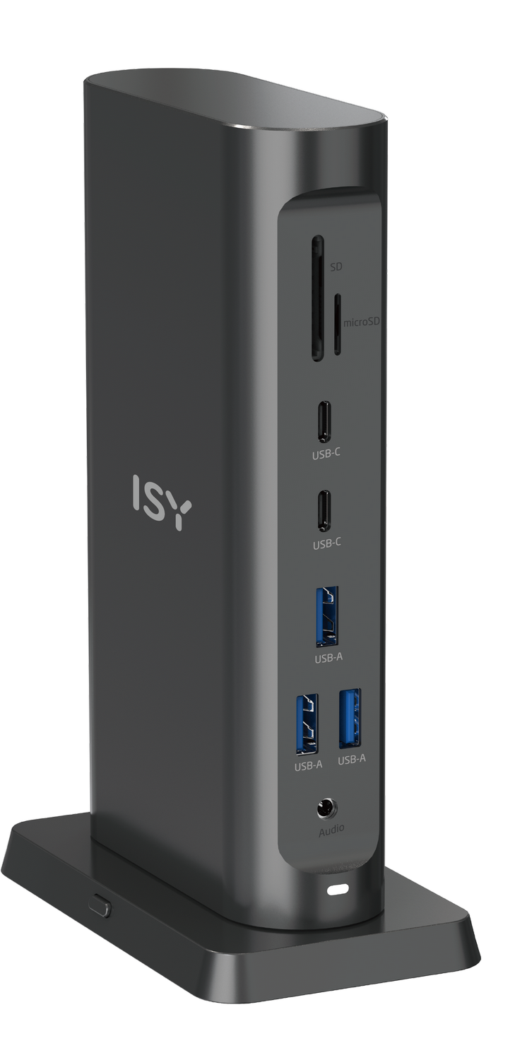 Una estación de acoplamiento ISY negra con múltiples puertos. Puertos SD, USB-C y USB-A son visibles. Fondo blanco.