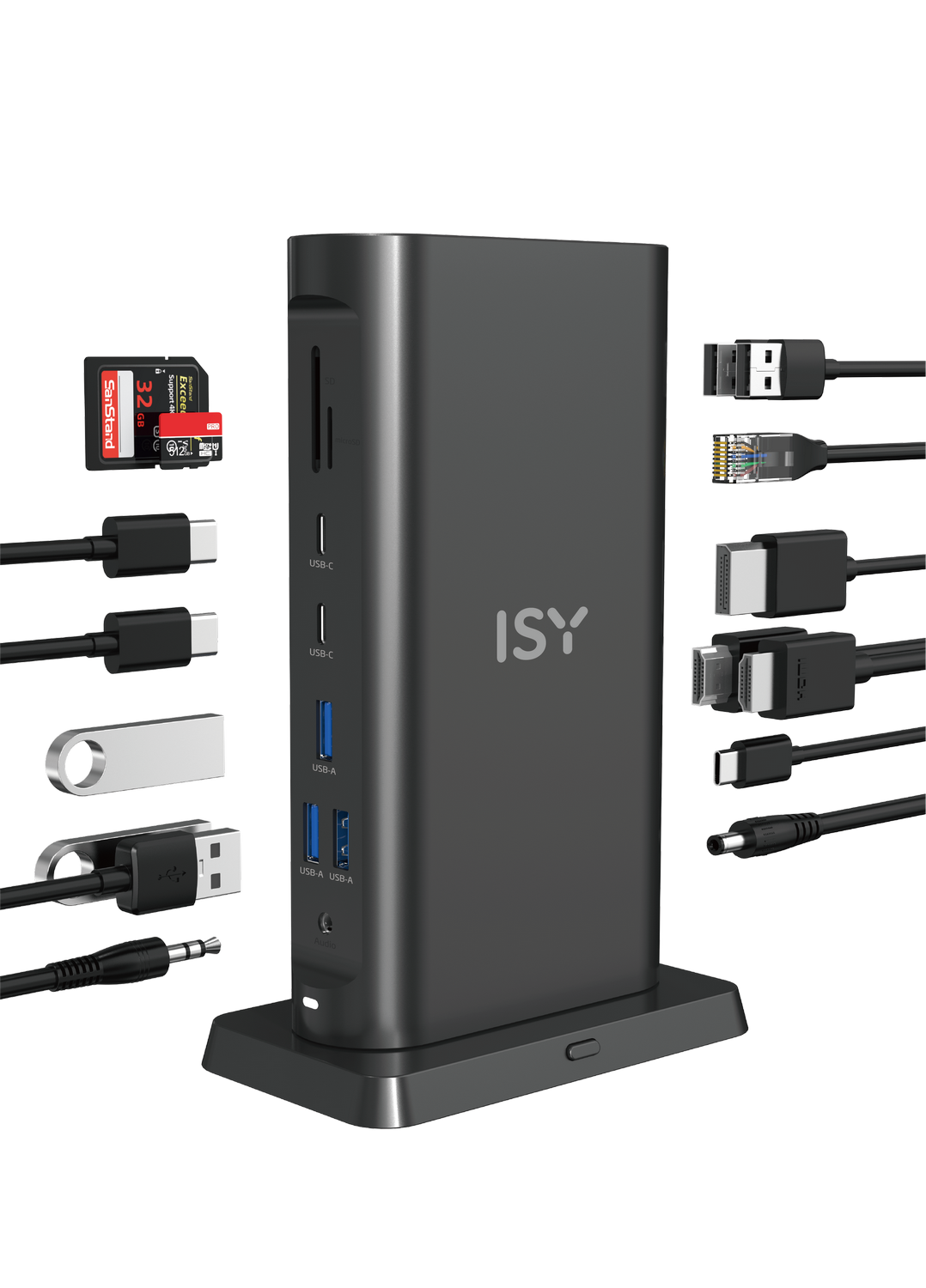 Una estación de acoplamiento ISY negra con cables y puertos. Puertos USB, HDMI y Ethernet son visibles. Fondo blanco.
