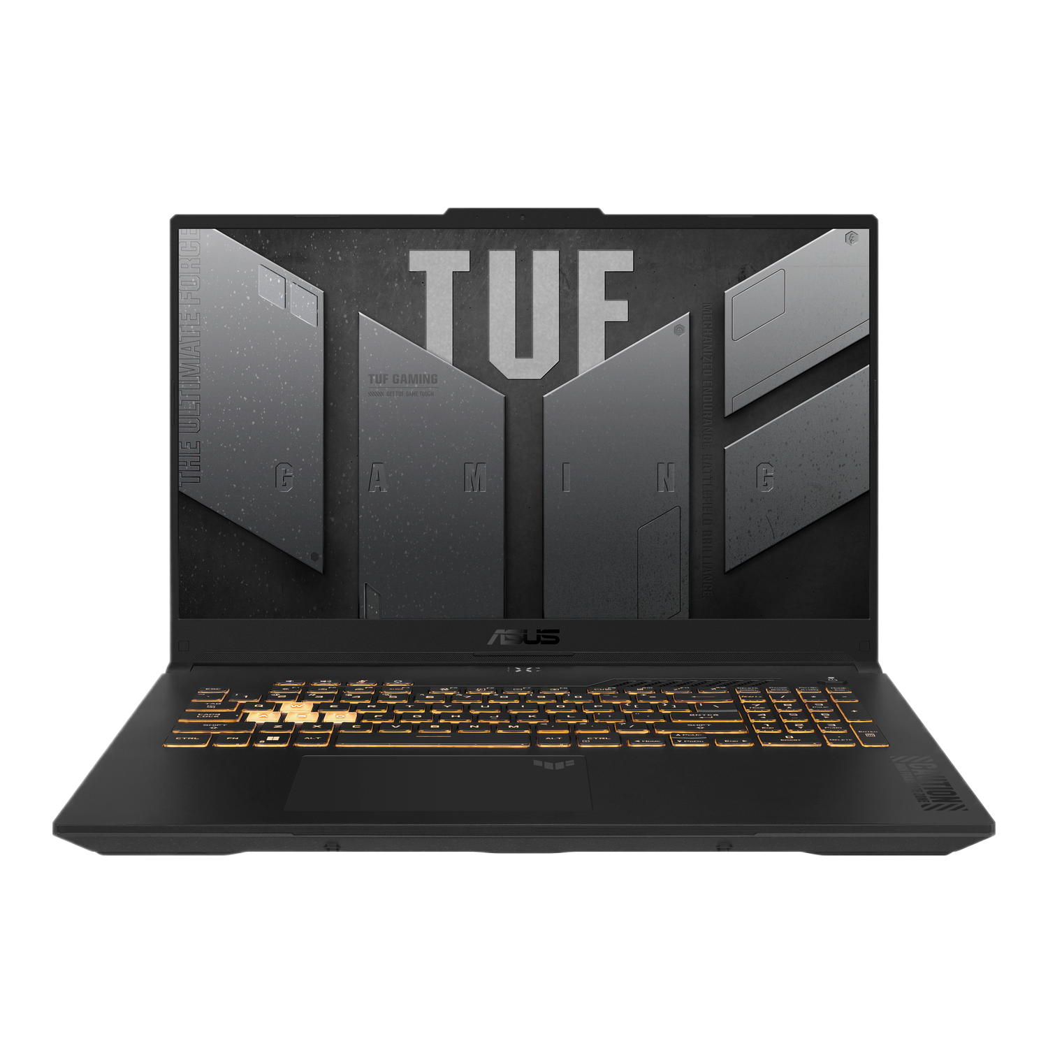 Un ordinateur portable noir avec un clavier éclairé en jaune. L'écran affiche le logo TUF Gaming sur fond noir.