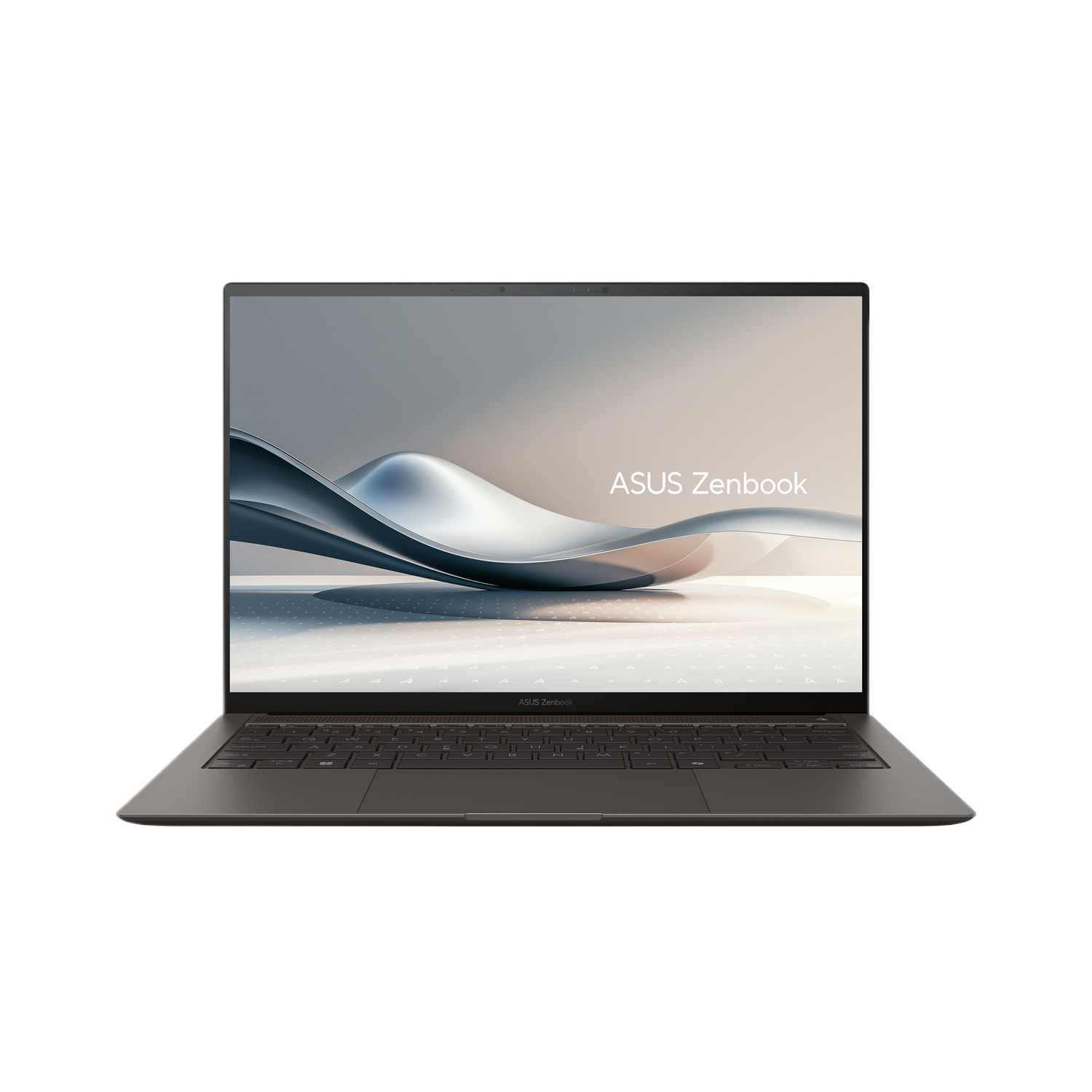 Een grijze ASUS Zenbook laptop, open, op een lichte achtergrond met een logo.