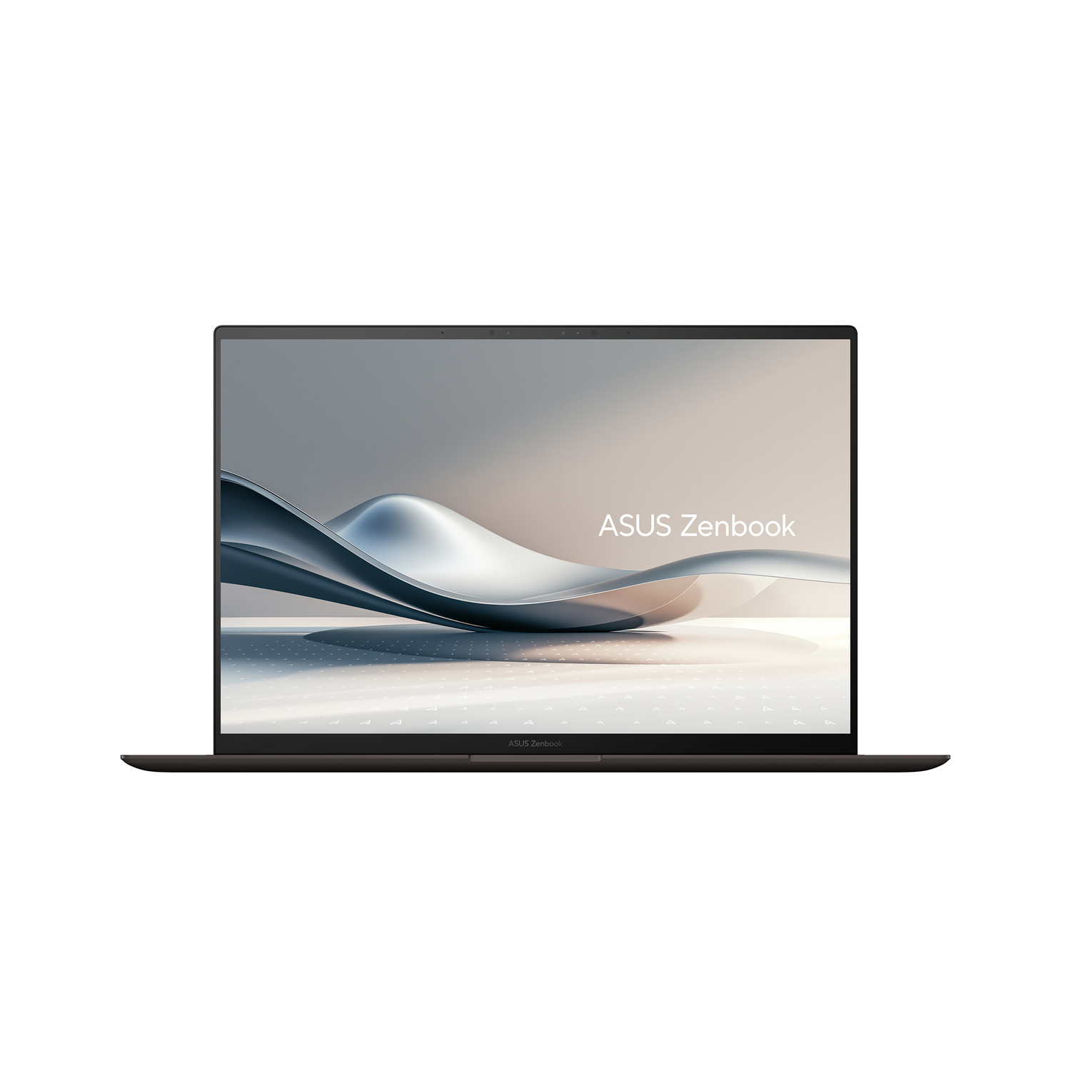 Een laptop met een scherm met een afbeelding met het ASUS Zenbook logo.
