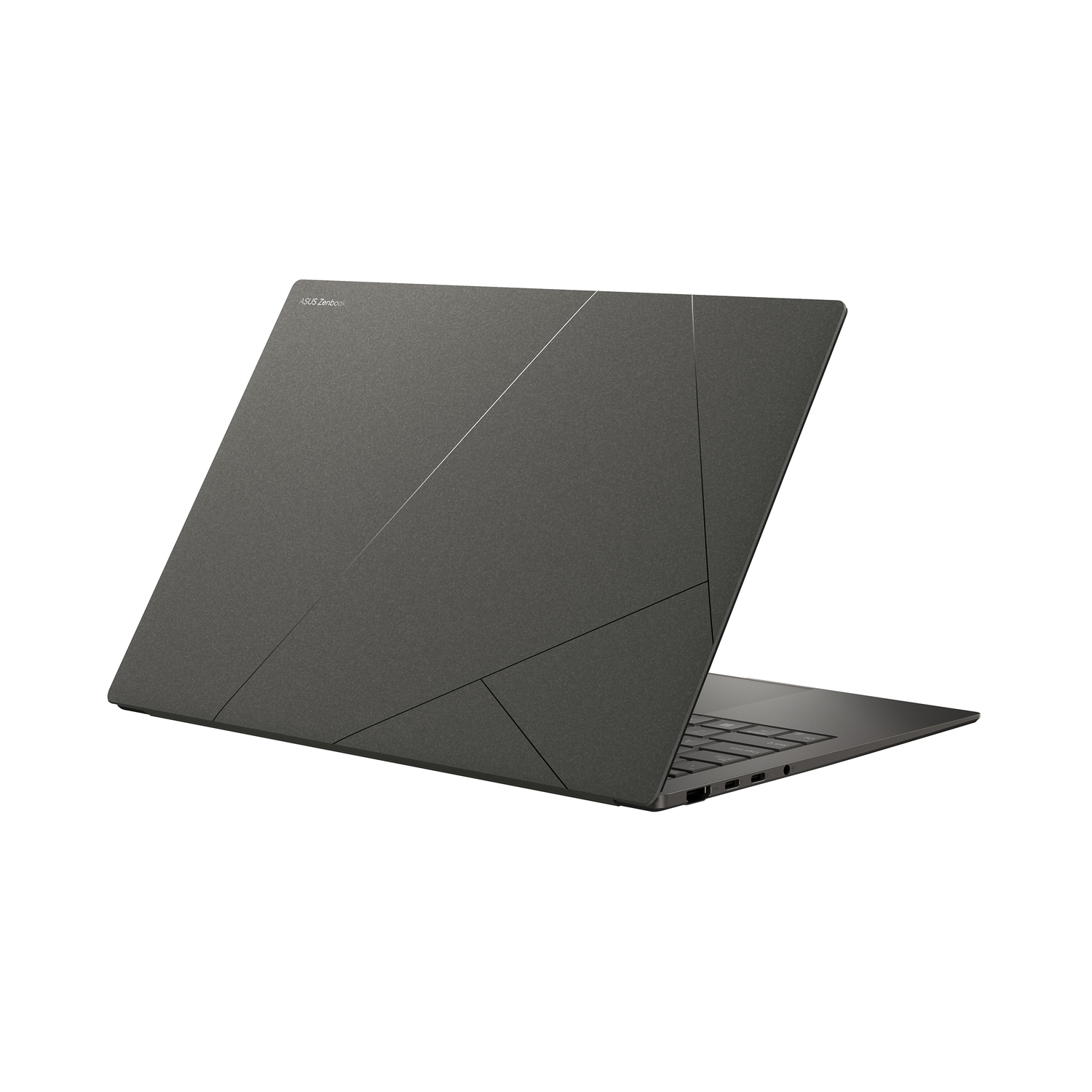 Achterkant van de laptop. Grijze kleur en een geometrisch patroon. Witte achtergrond.