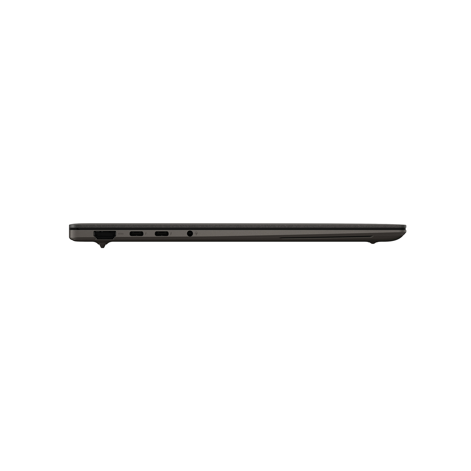 Zijaanzicht van een donkergrijze laptop met diverse poorten zichtbaar.