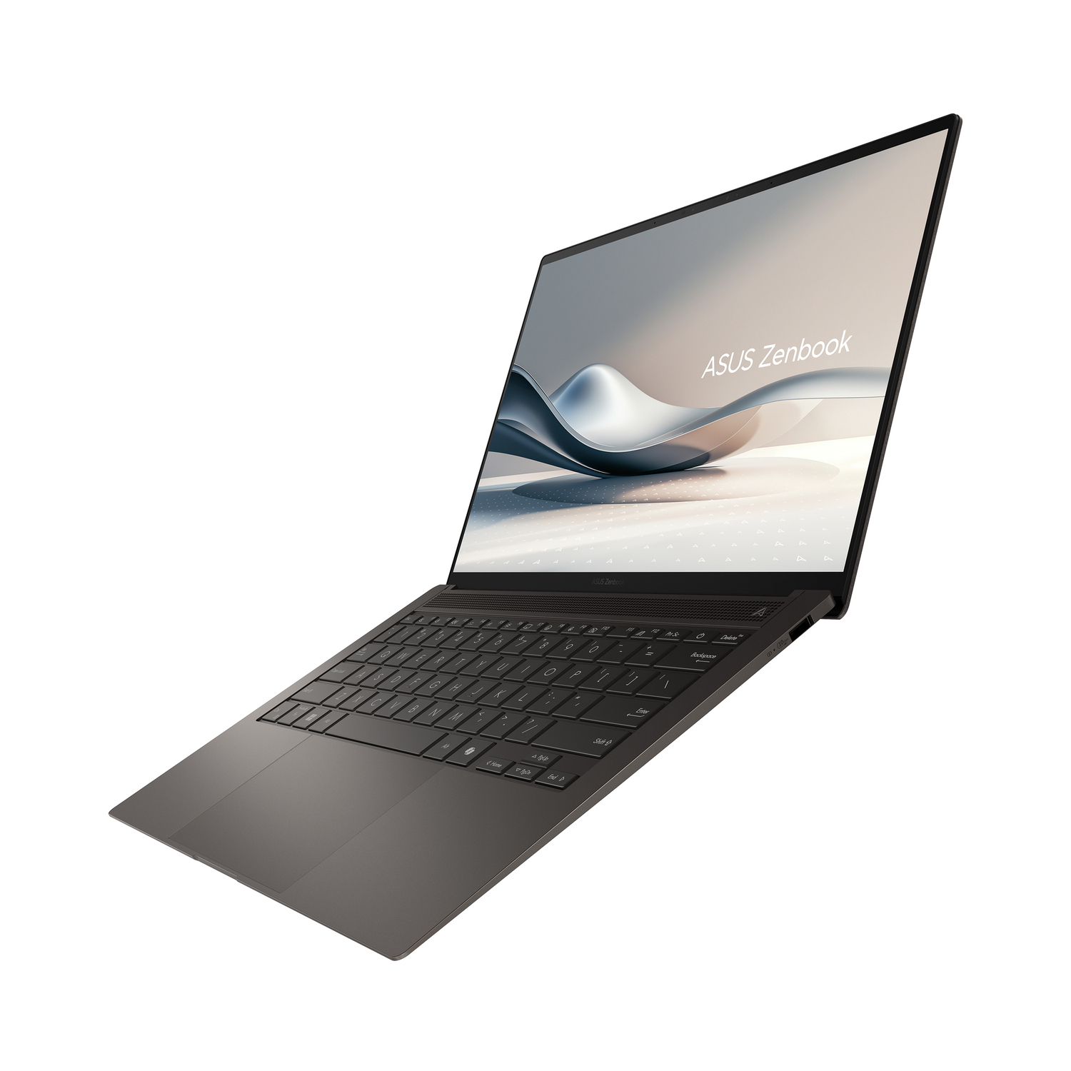 Laptop open in een hoek. Het scherm is zichtbaar. Grijze kleur. Witte achtergrond.
