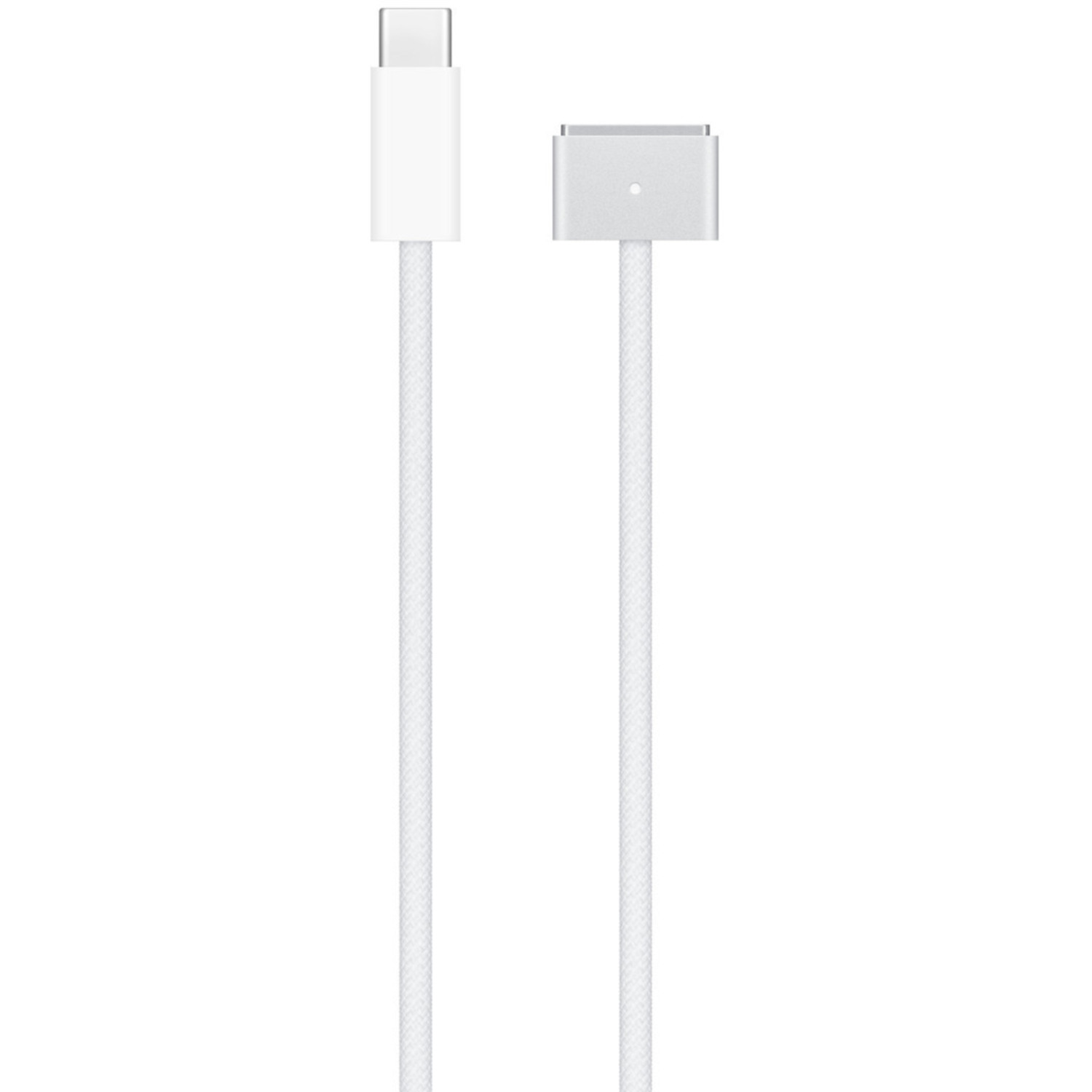 Un câble de charge blanc Apple avec un connecteur USB-C et une tête de charge magnétique.