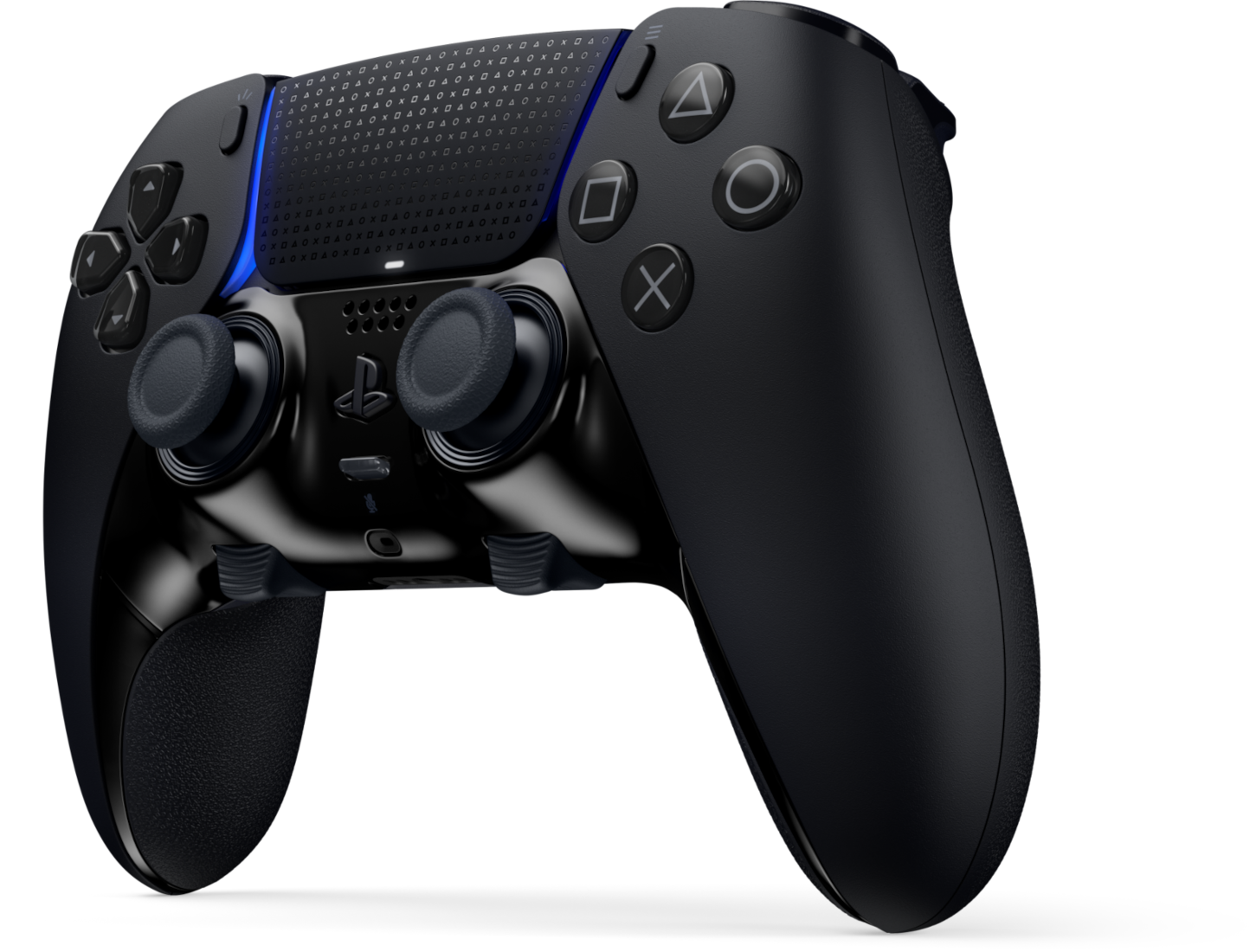 Fekete PlayStation vezérlő gombokkal és joystickokkal. Érintőpanelt és kék fényt tartalmaz.